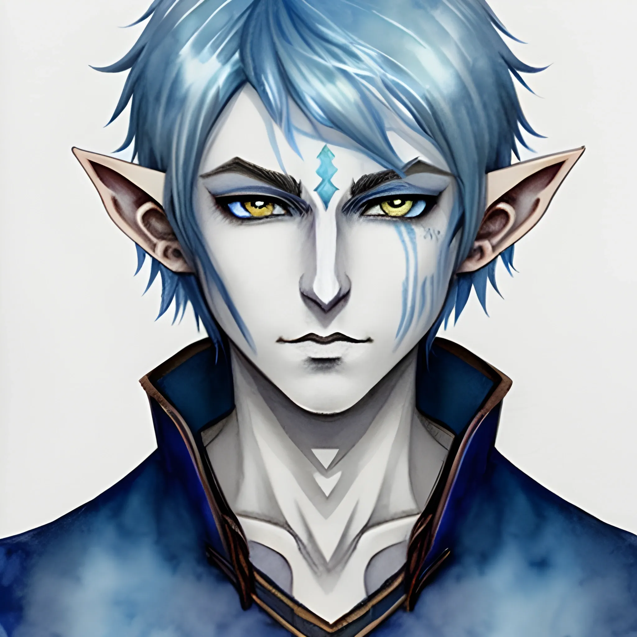 Water Color to Create a dungeons and dragons character which is an Eladrin Elf male Divine Soul Sorcerer with dark blue hair and pale white skin and eyes with blue lips