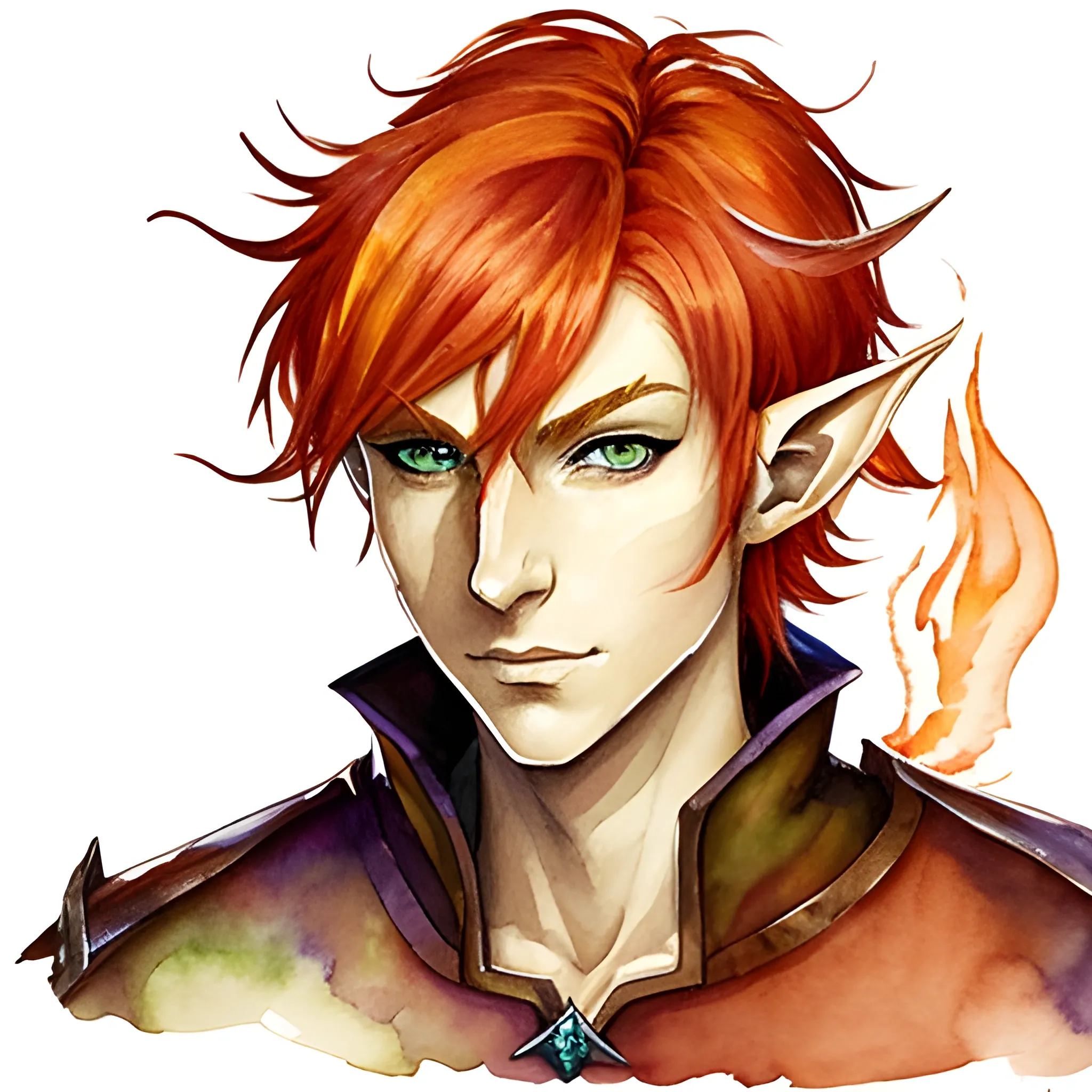 Water Color to Create a dungeons and dragons character which is an Eladrin Elf male Divine Soul Sorcerer with flaming red hair, tan skin and brown eyes