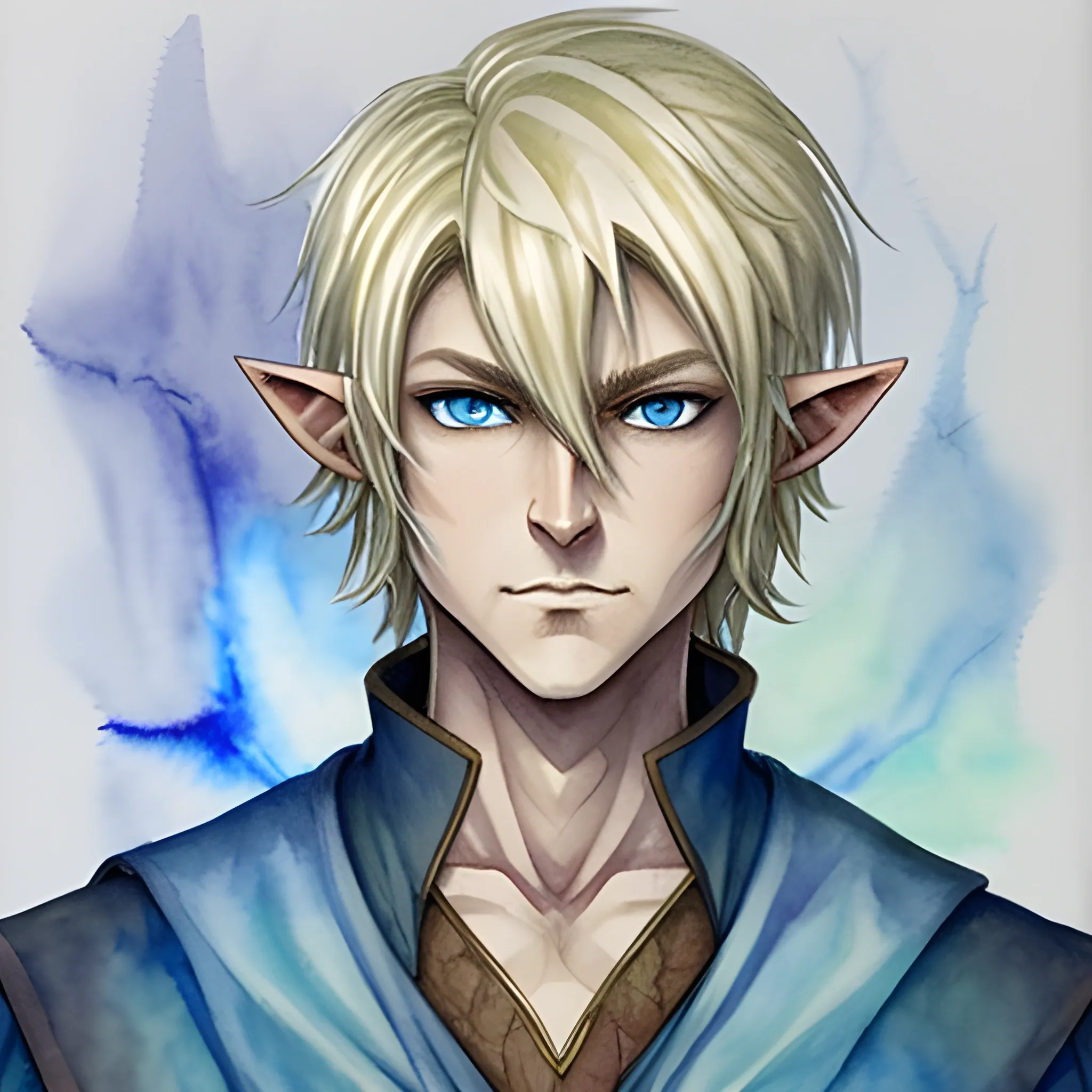 Water Color to Create a dungeons and dragons character which is an Eladrin Elf male Divine Soul Sorcerer with light blonde hair, dark tan skin and ice blue eyes