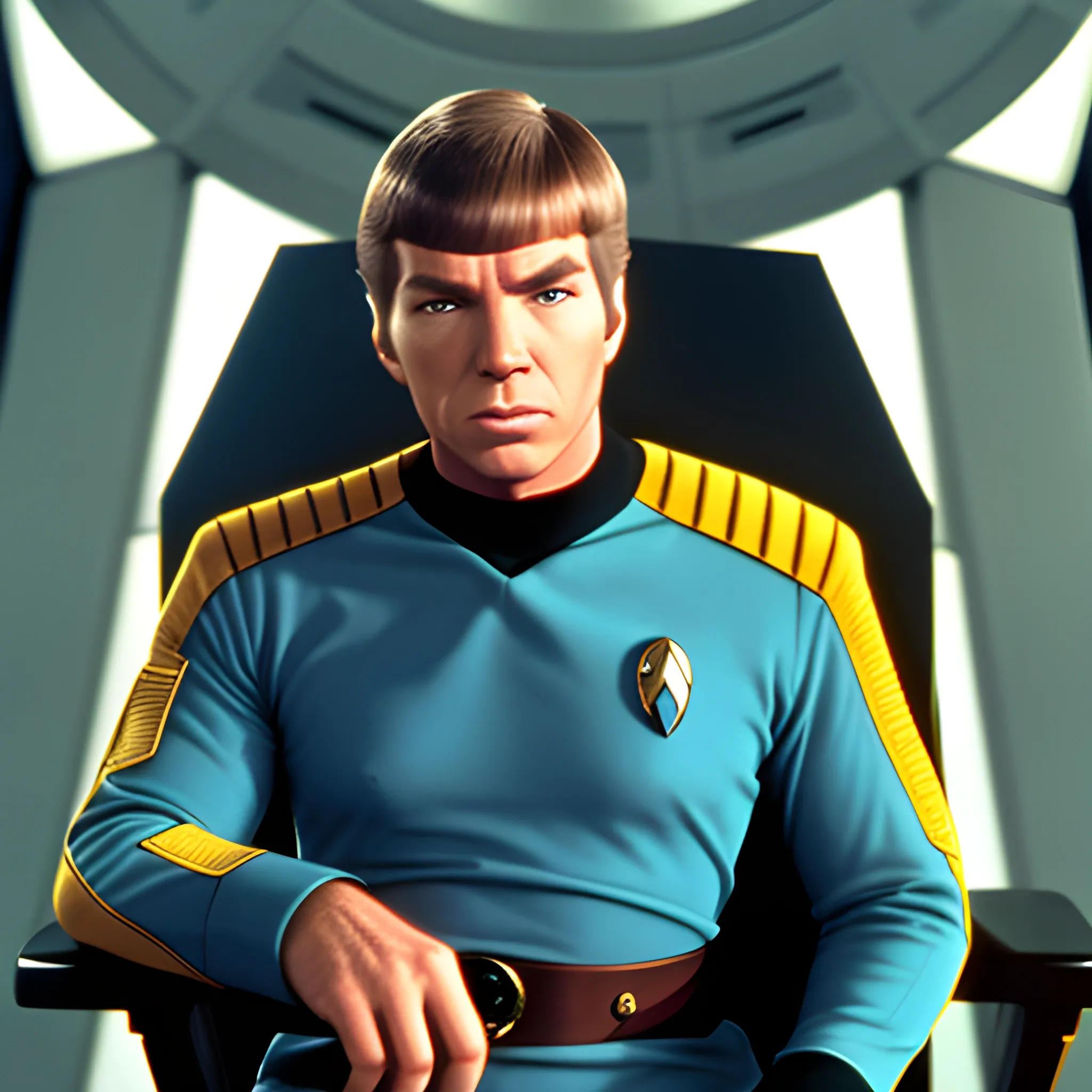 Captain James T. Kirk of the USS Enterprise NCC 1701 sits, on hi ...