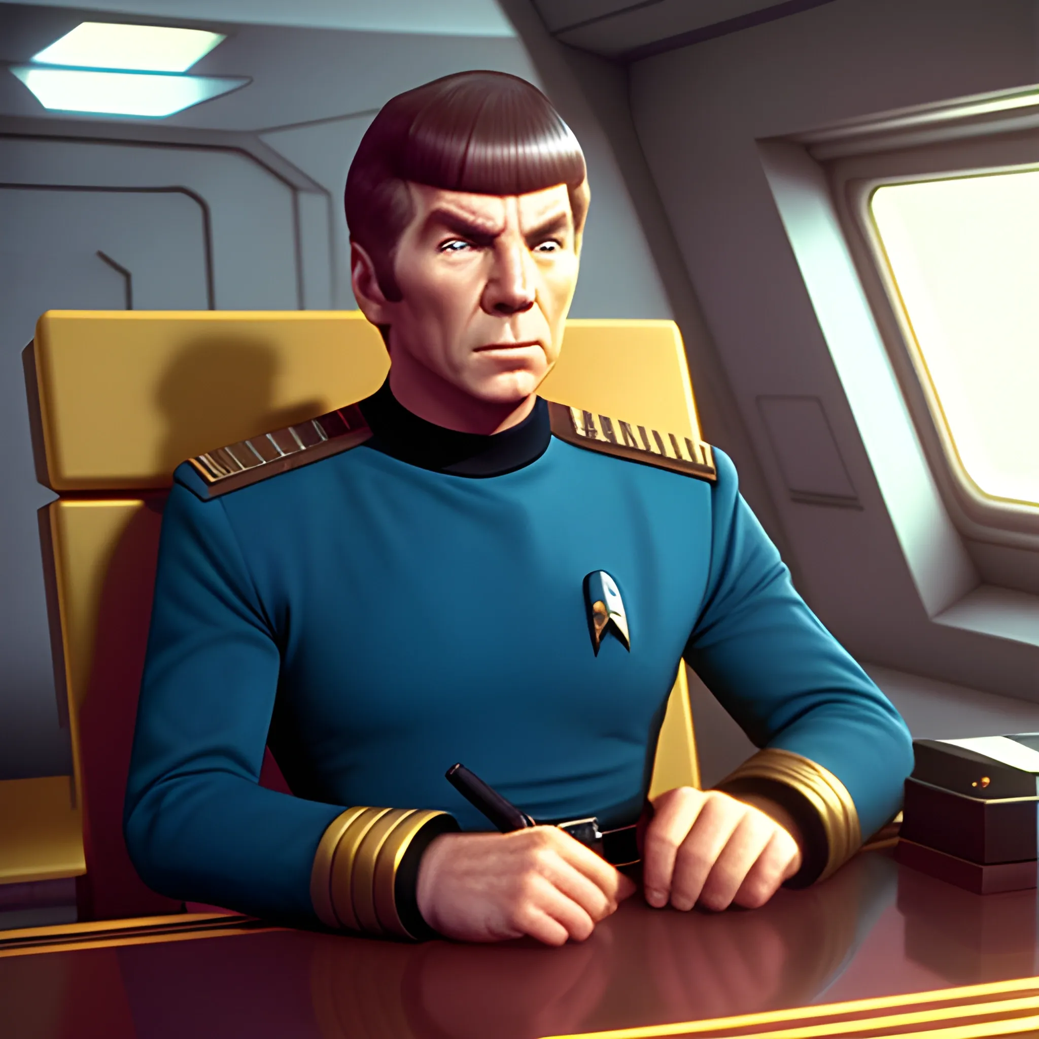 Captain James T. Kirk of the USS Enterprise NCC 1701 sits, on hi ...