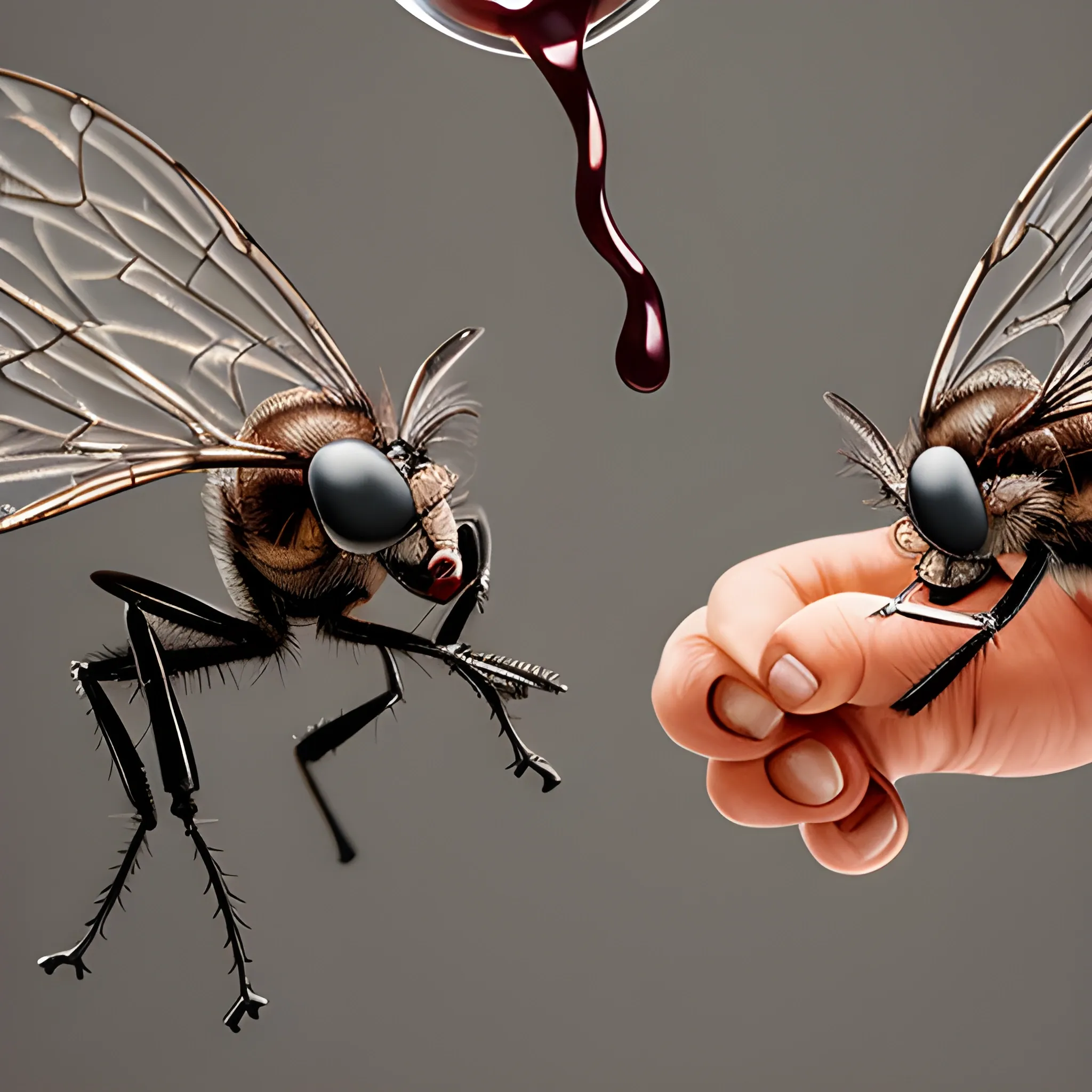 A detailed image of two houseflies throwing wine at eachother 