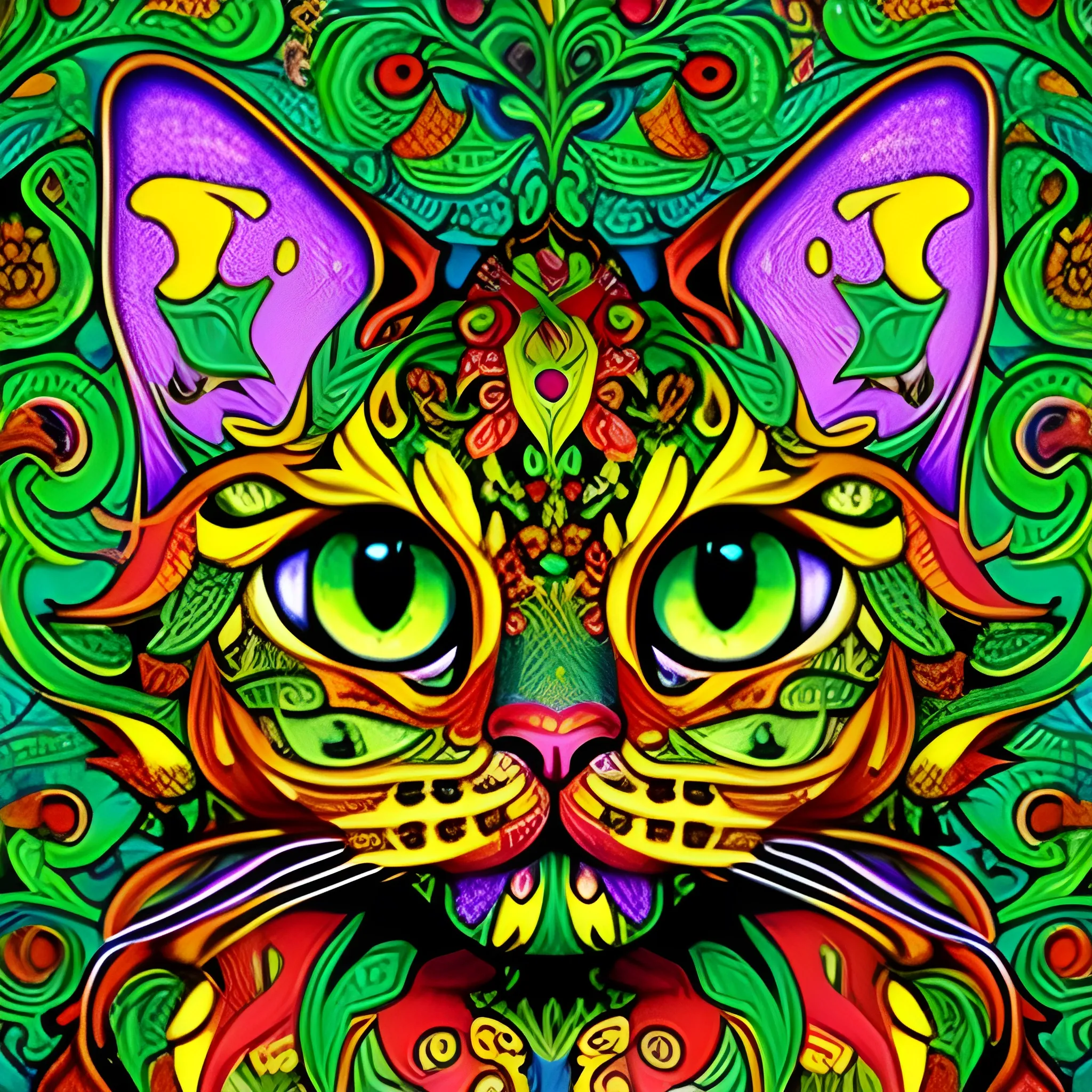 colourful ornate decorative green man as a cat face by louis wain and william morris, closeup, twisting leaves, abstract psychedelic, 8 k, artstation