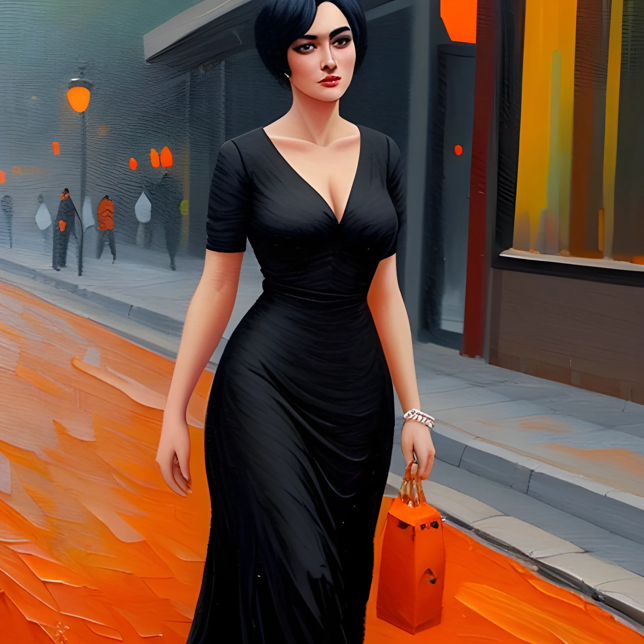 A 20-year-old young woman with short black hair, an innocent and beautiful face, wearing an orange long dress, walking on the street, oil painting style, Oil Painting