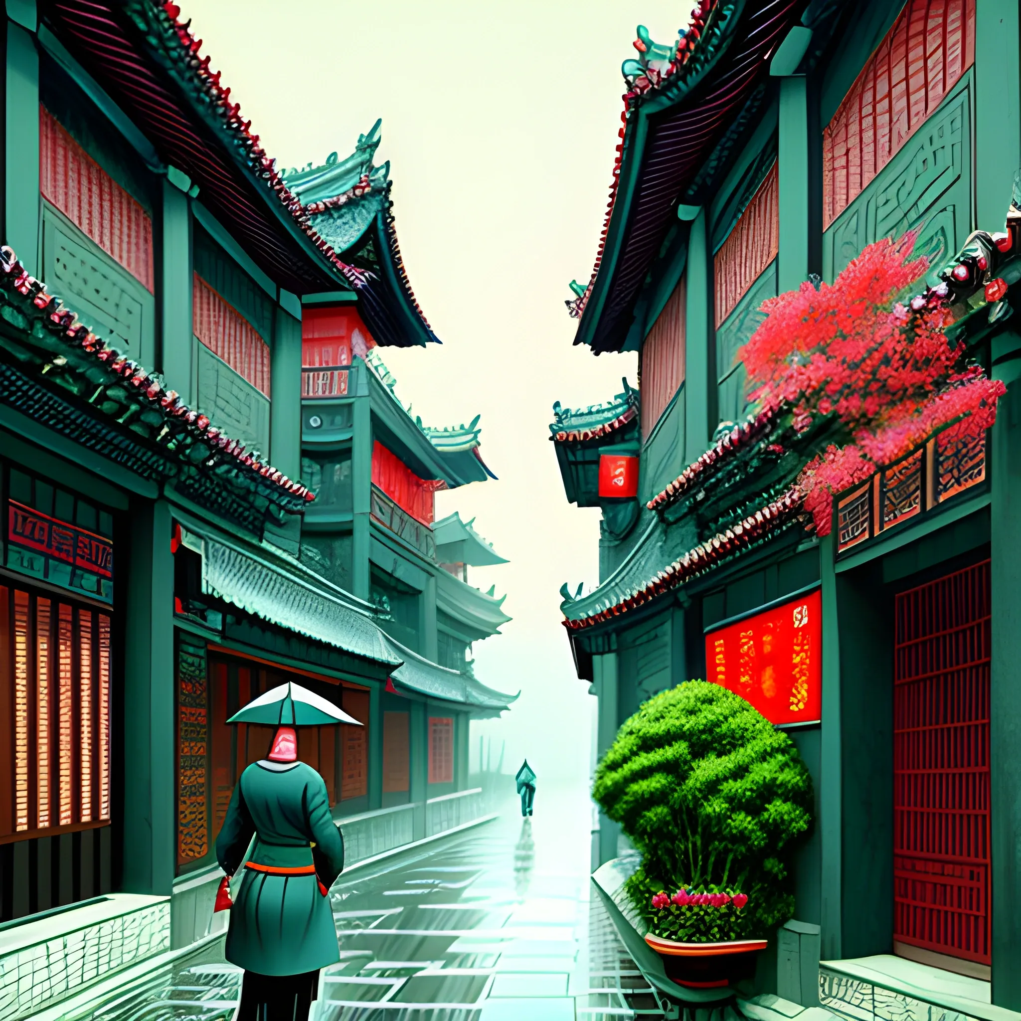 Cai GuoRUN's illustration style, Qingming Street corner on a rainy day, A landscape that looks like an illustration from a picture book, Rich in emotion, a girl is walking, Vivid tones, Chinese traditional elements, Reality, Minimal composition, High Saturation, High contrast,Rich detail in light and shadow, Sharp contrasts and clean lines