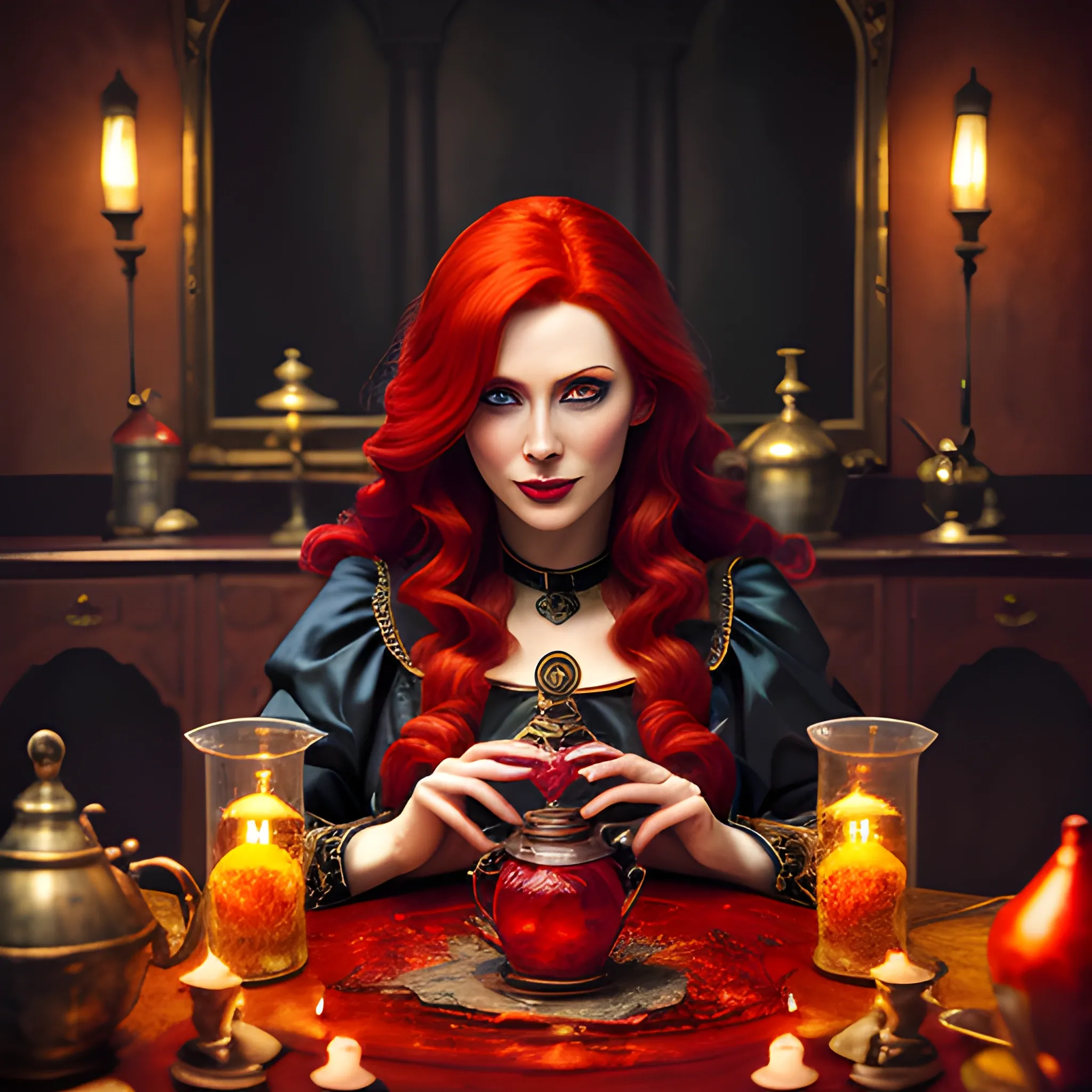 masterpiece, high high quality, cinematic Film still from, young witch, red hair, potions, brightly, cheerfulness, intriguing, gentle soft lighting , (bauhause, Shape, line works, abstracted: 1.1), camera from north-east, close-up, highly detailed 