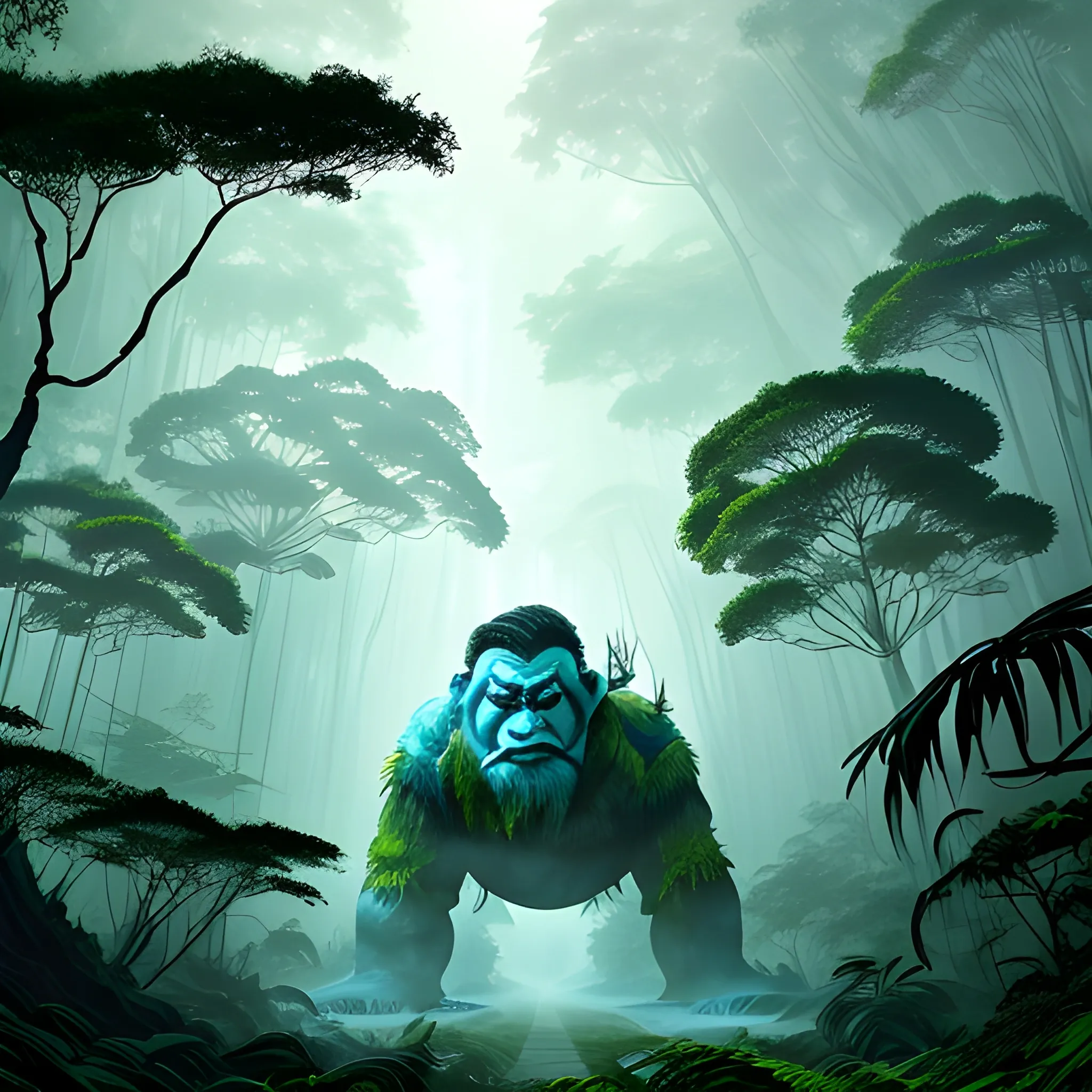 Cai GuoRUN's illustration style, A massive troll stands in a dense, mist-covered jungle, surrounded by towering ancient trees and lush, overgrown vegetation. Vivid tones, Chinese traditional elements, Reality, Minimal composition, High Saturation, High contrast,Rich detail in light and shadow, Sharp contrasts and clean lines, Trippy