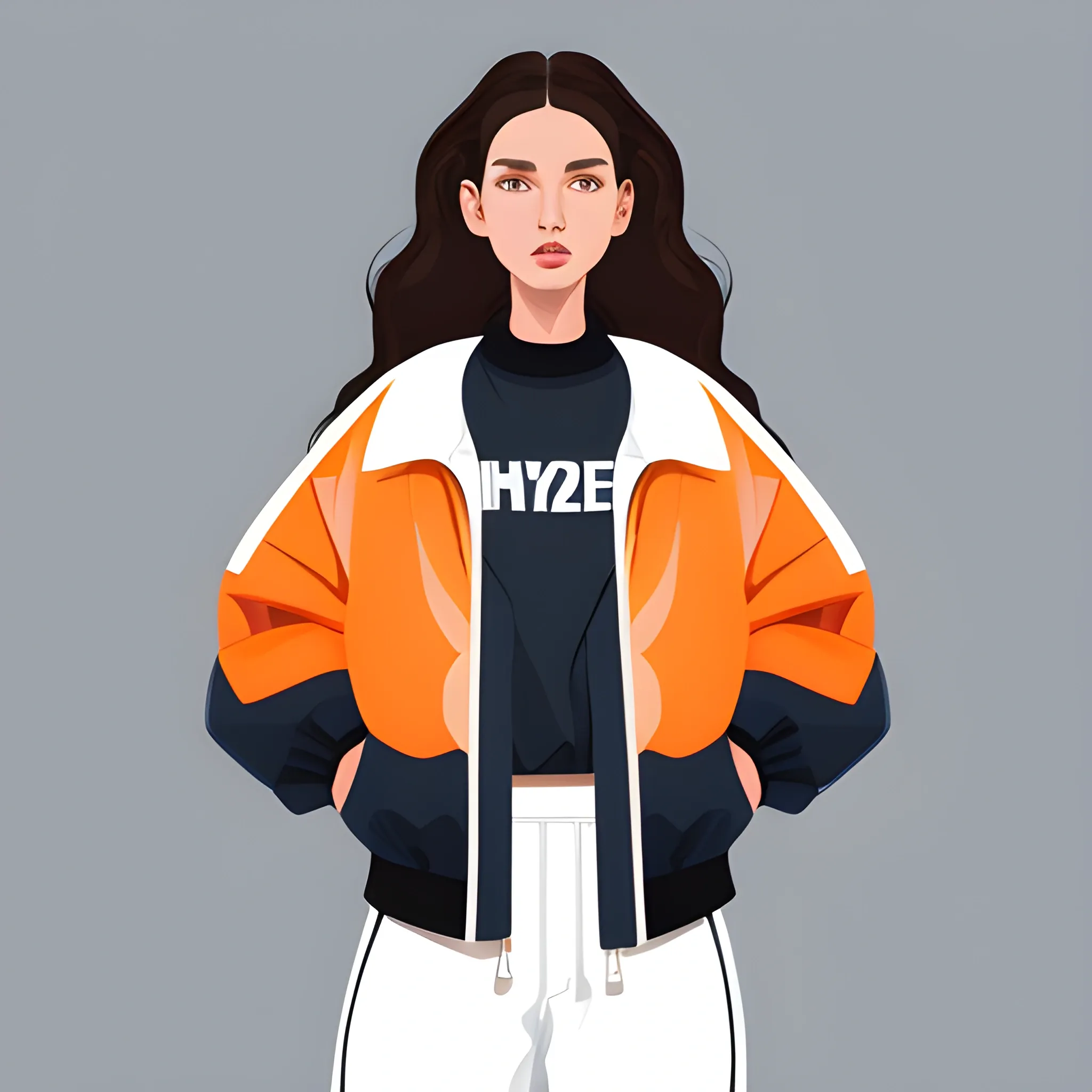 A digital illustration of a woman with brown hair and wavy black wearing an oversized blue bomber jacket, grey pants, and white sneakers, in the style of y2k aesthetic, sleek fashion illustration with light orange and dark gray colors that have a glossy appearance, loose brushwork, sleek design