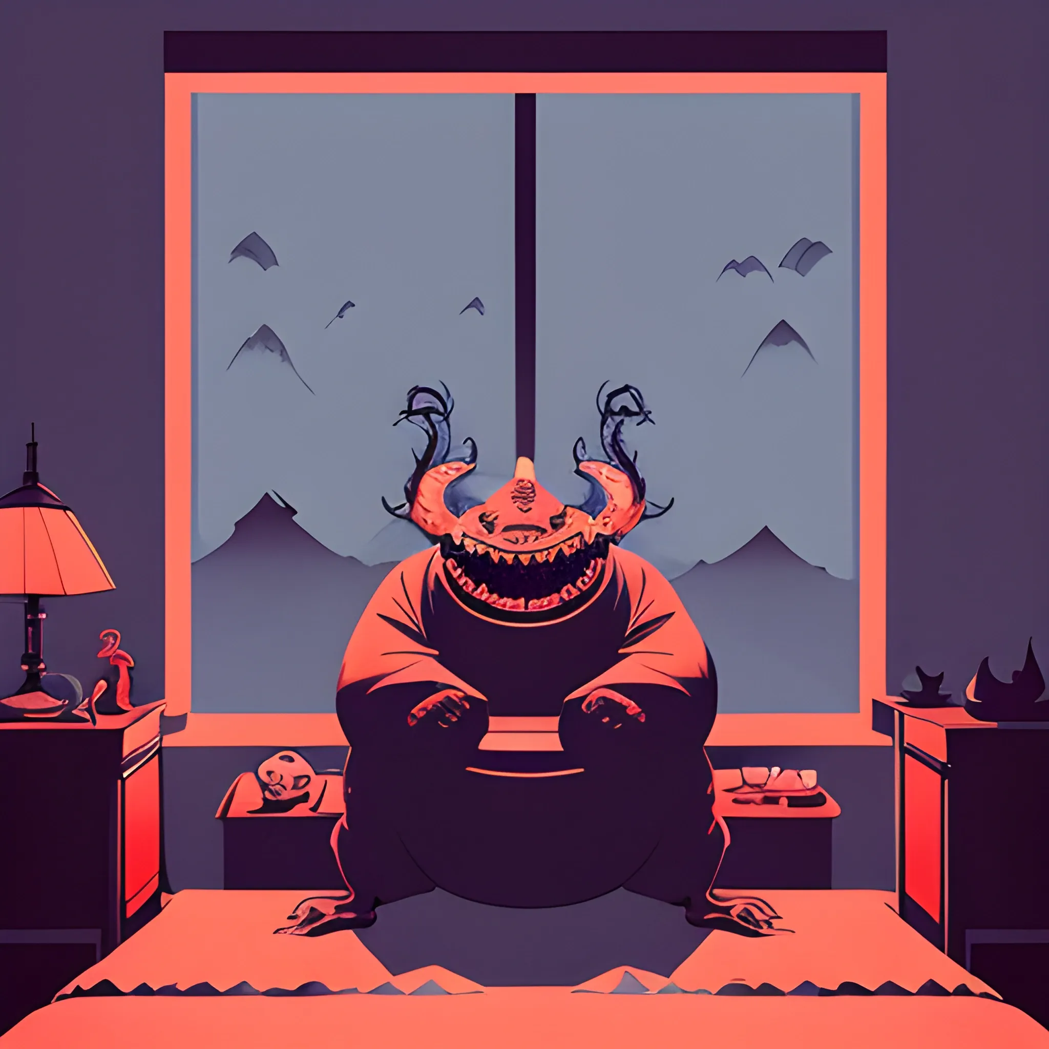 Cai GuoRUN's illustration style, A monster chilling in your bedroom at night. Vivid tones, Chinese traditional elements, Reality, Minimal composition, High Saturation, High contrast,Rich detail in light and shadow, Sharp contrasts and clean lines