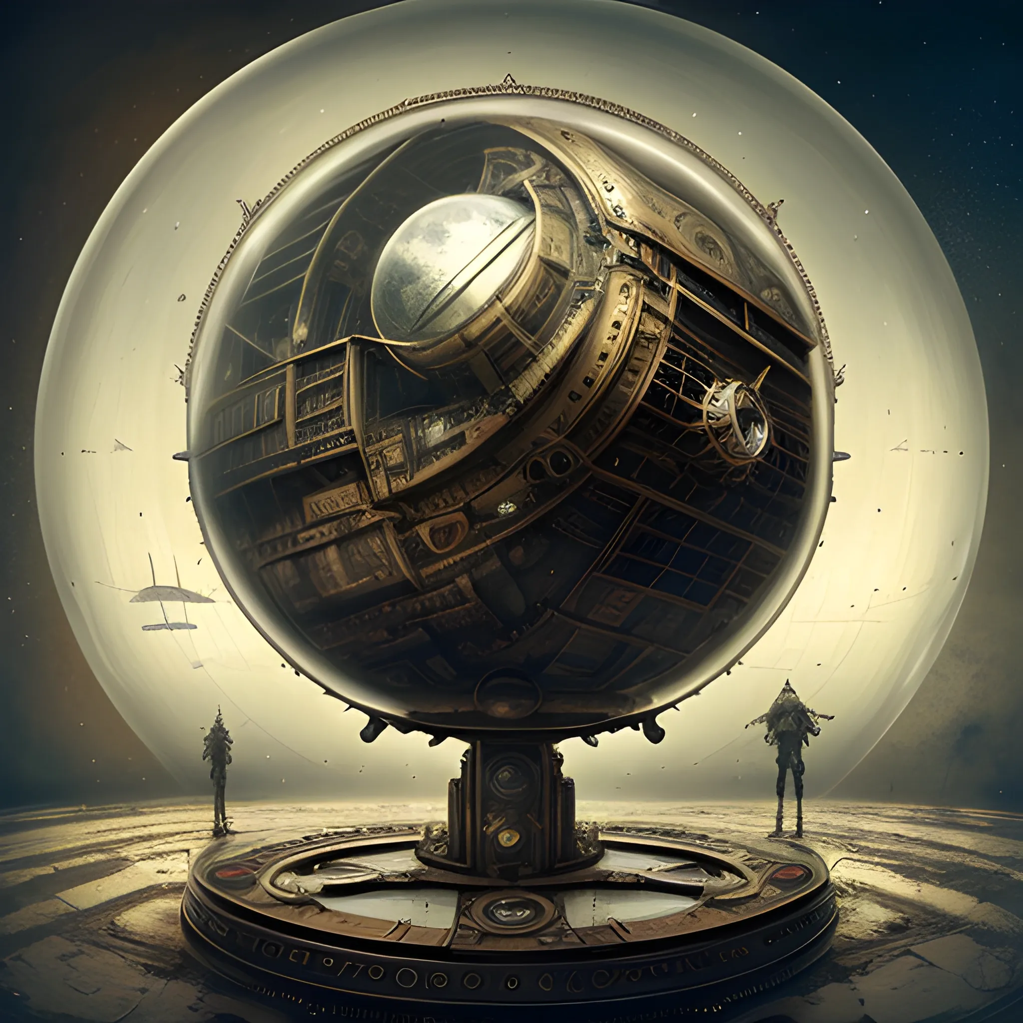 A Magnificent a steampunk spacecraft in rough Space, in the style of santiago caruso, emotional and dramatic scenes, in Mirrored Sphere