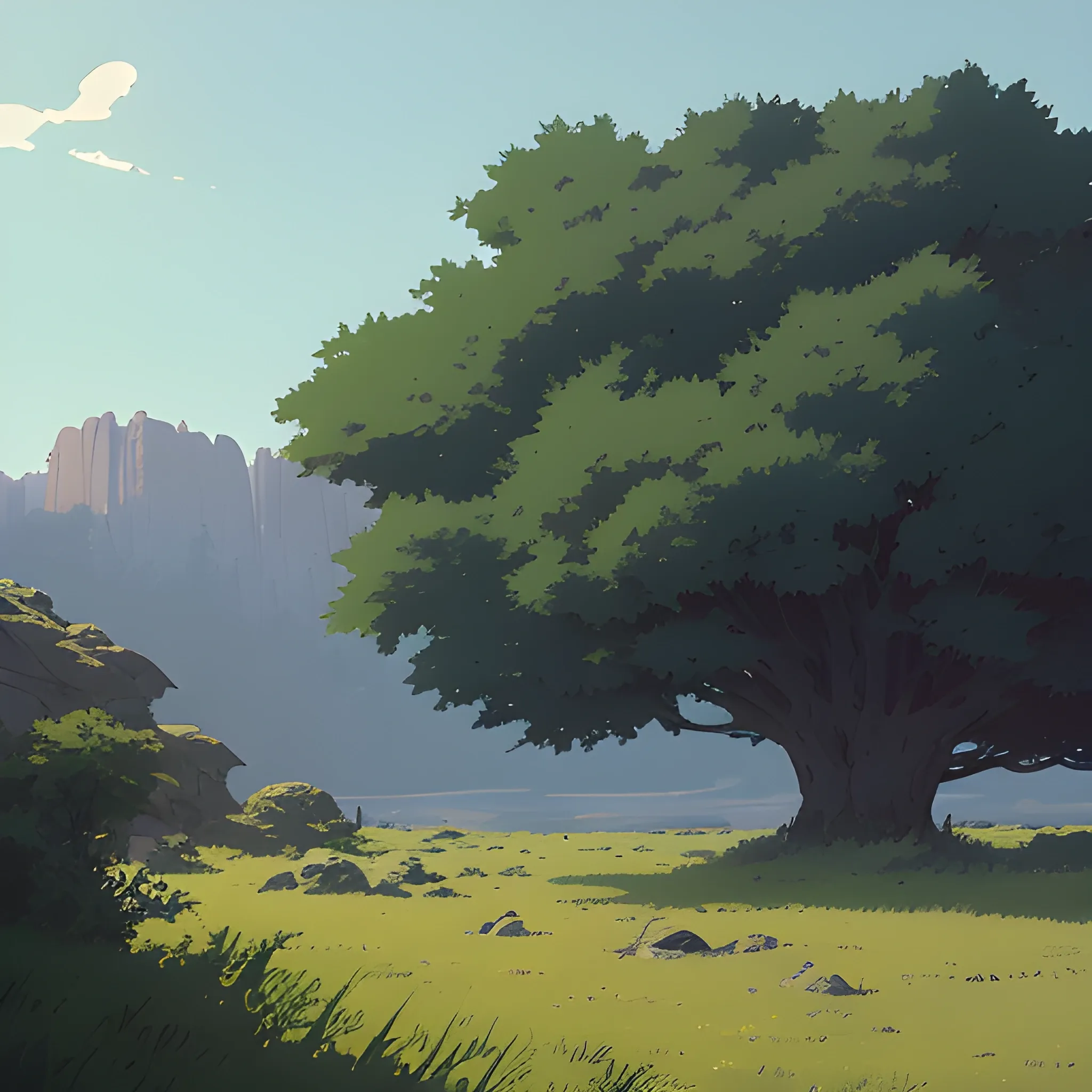 low view with bush... in the style of makoto shinkai and greg rutkowski and albert bierstadt and james gurney, Cartoon