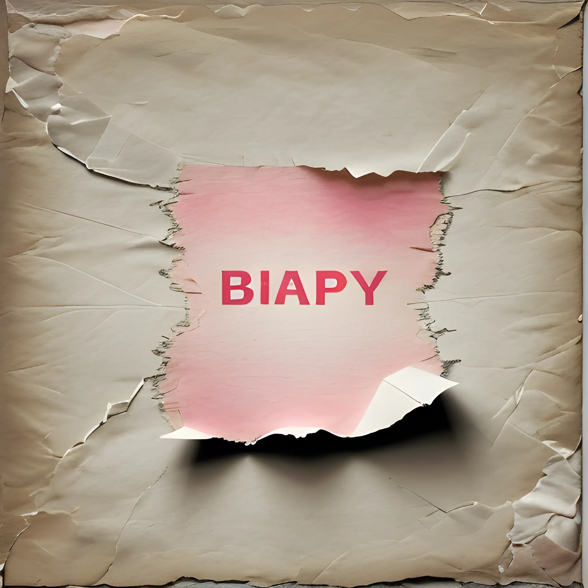 A photorealistic image showing a piece of white paper on a torn background. The paper has a handwritten Pink quote that reads: 'Happy Birthday'. The background resembles torn white paper revealing a rough, textured underlayer, giving the impression of a torn wall or surface. The paper with the quote is smooth and clean, contrasting with the rough and jagged edges of the torn background. The image is wide, emphasizing the contrast between the torn edges and the intact paper in the center