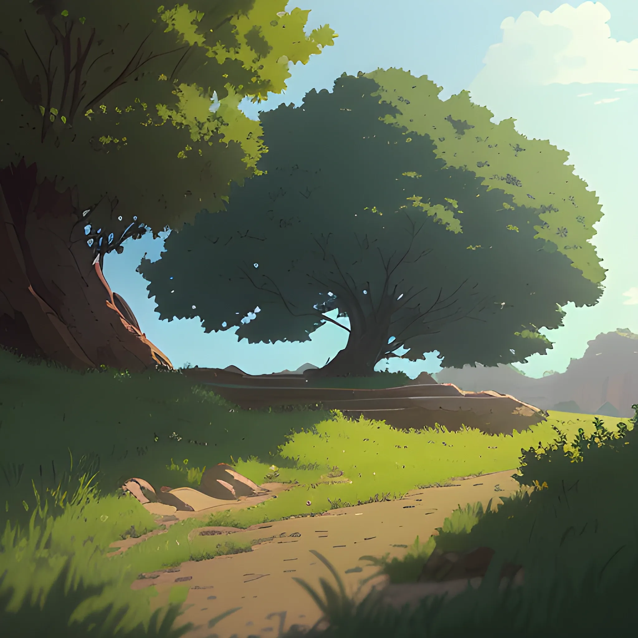 low view with bush... in the style of makoto shinkai and greg rutkowski and albert bierstadt and james gurney, Cartoon