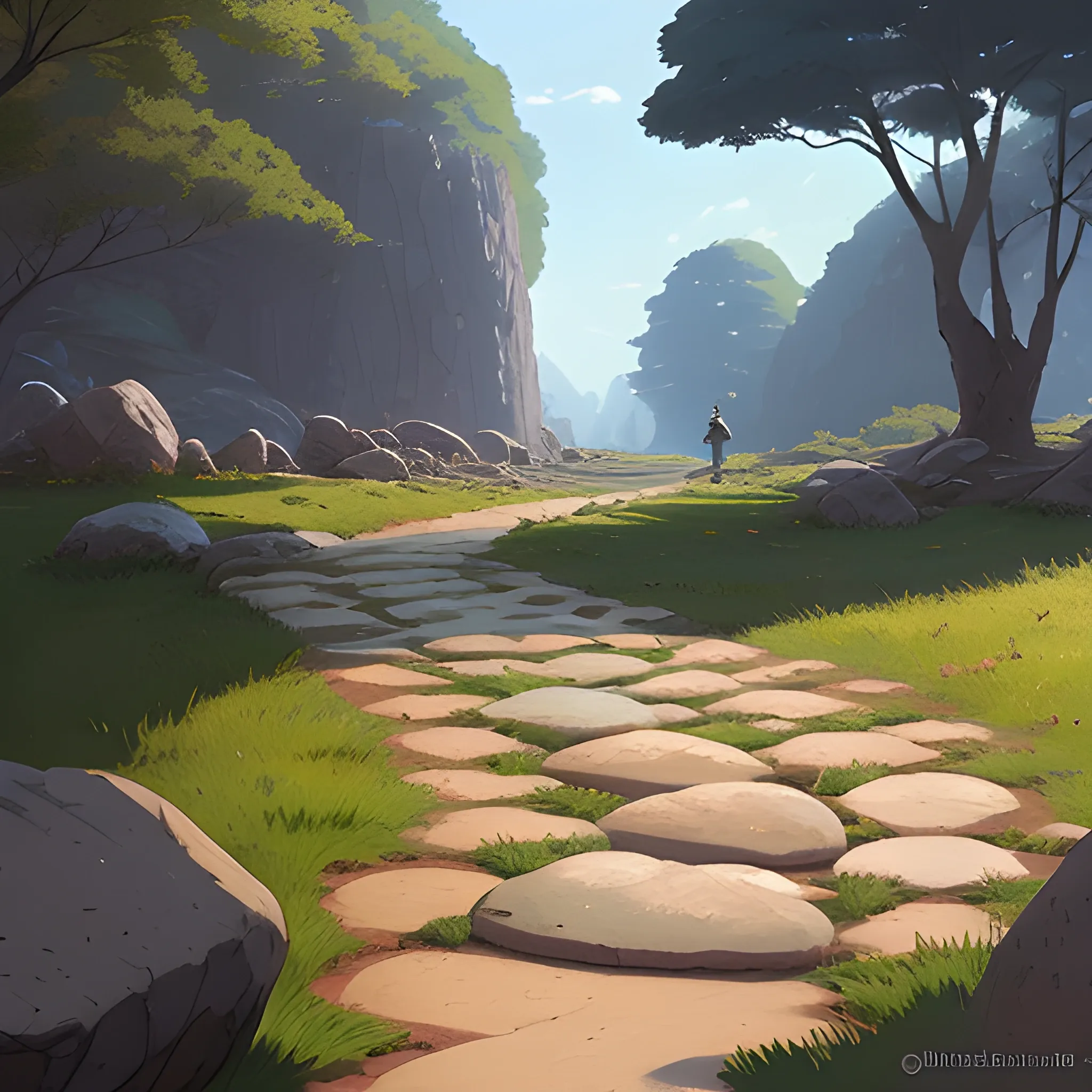 a path with stones... in the style of makoto shinkai and greg rutkowski and albert bierstadt and james gurney, Cartoon