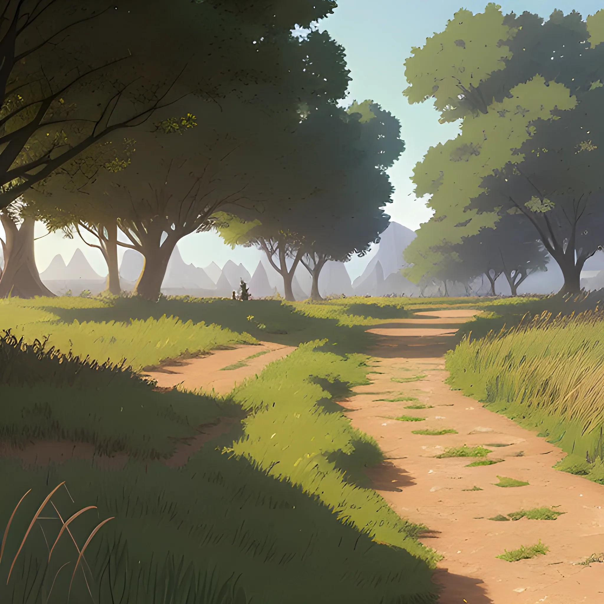 a dirt path with grasses... in the style of makoto shinkai and greg rutkowski and albert bierstadt and james gurney, Cartoon