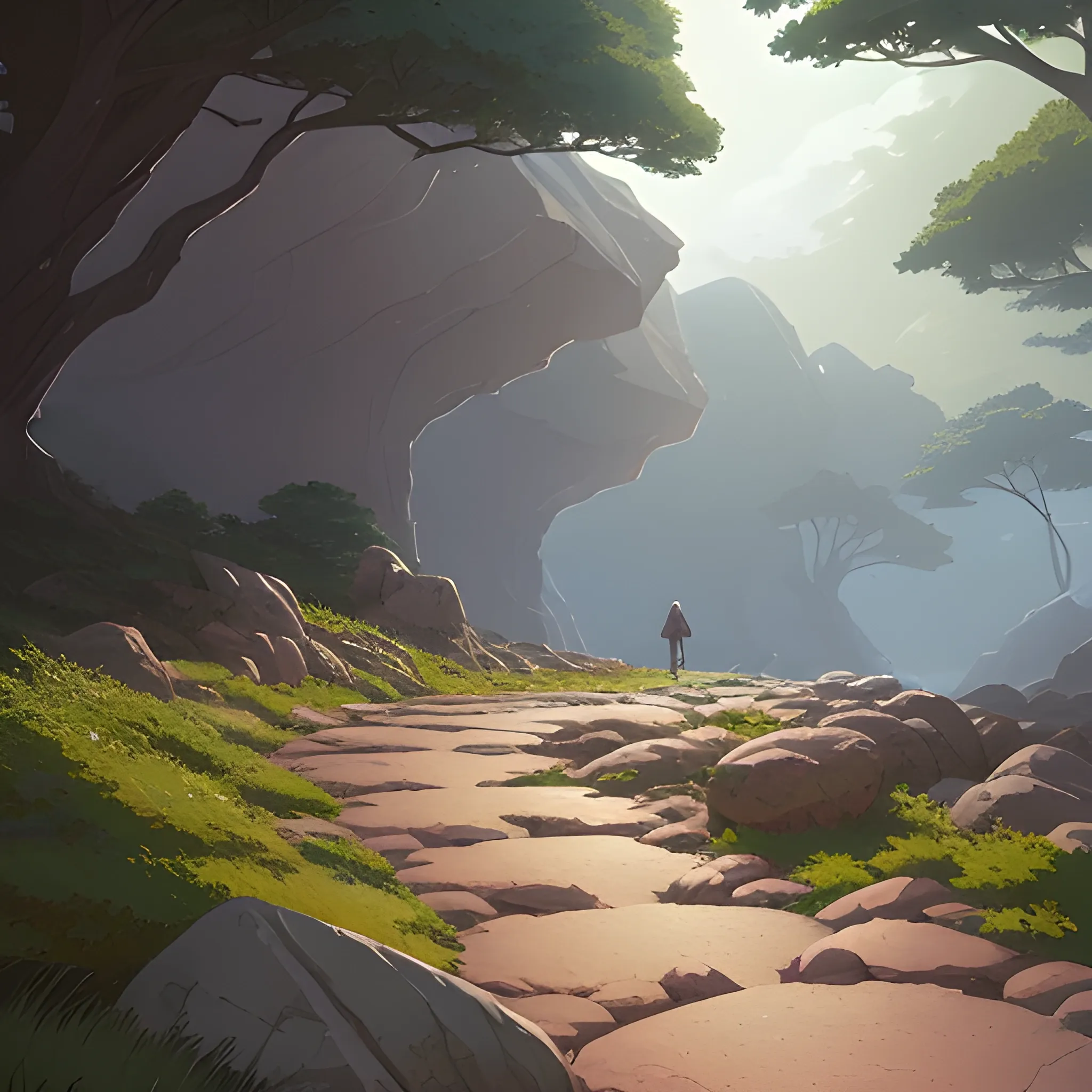 a path with rocks... in the style of makoto shinkai and greg rutkowski and albert bierstadt and james gurney, Cartoon