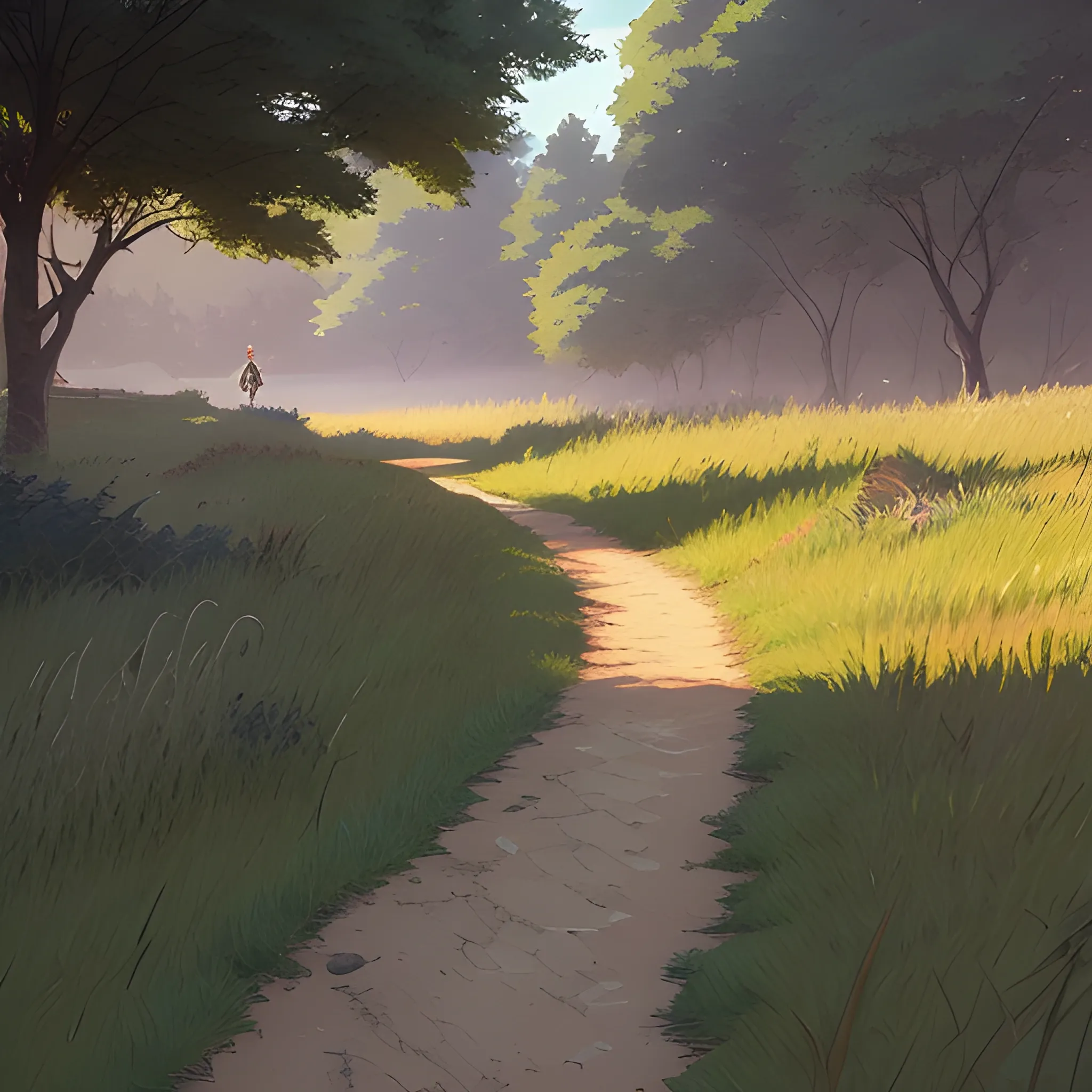 a dirt path with grasses... in the style of makoto shinkai and greg rutkowski and albert bierstadt and james gurney, Cartoon