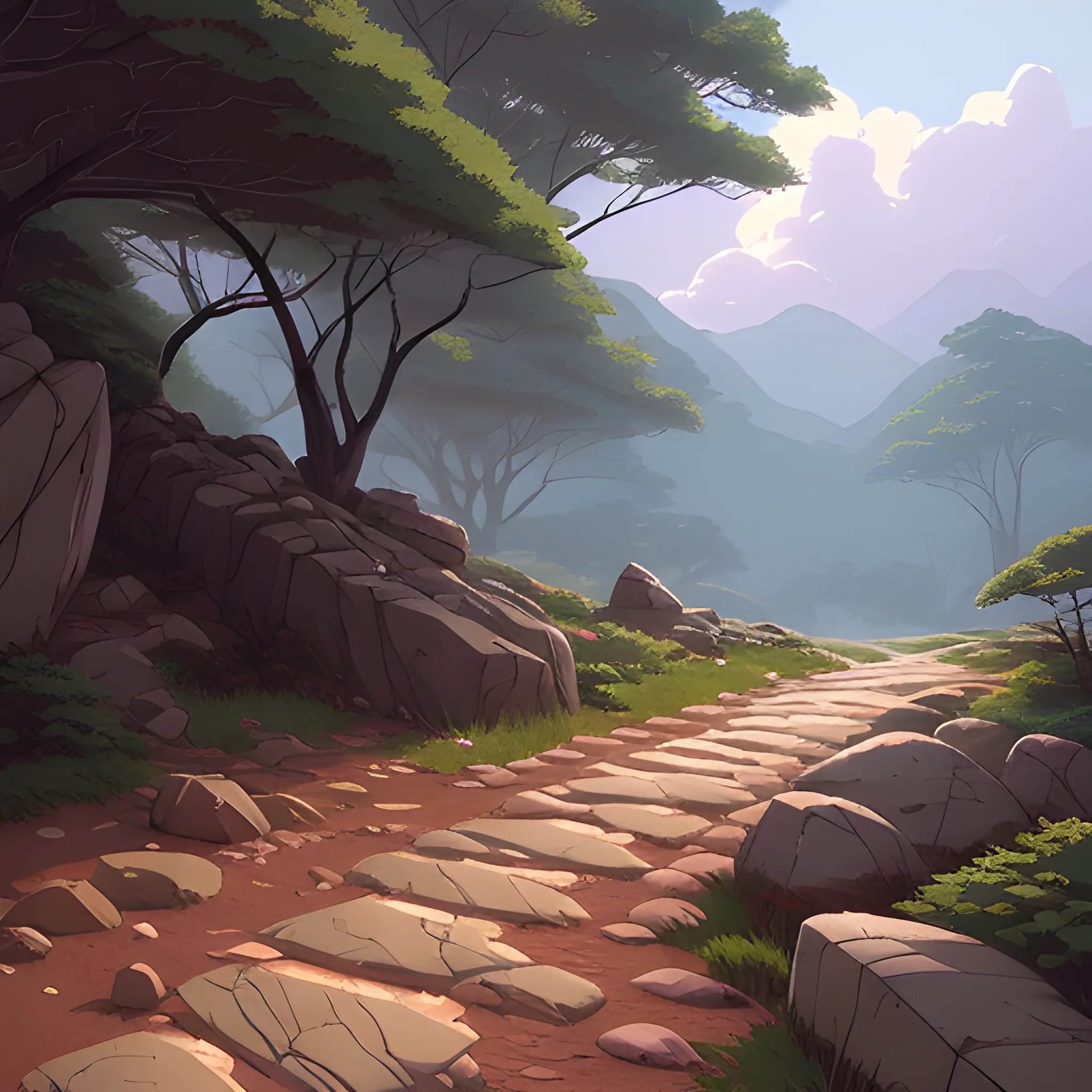 a path with rocks... in the style of makoto shinkai and greg rutkowski and albert bierstadt and james gurney, Cartoon