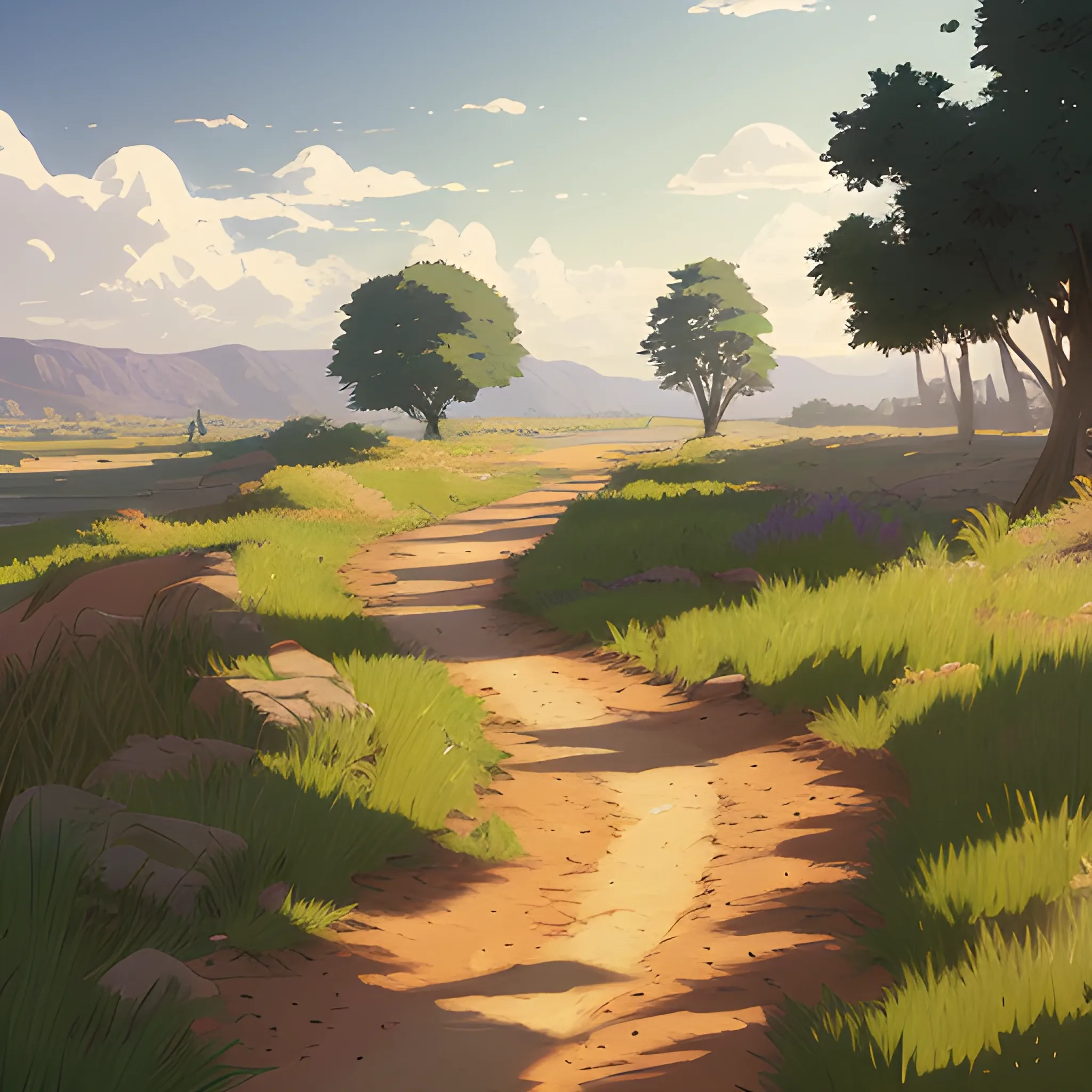 a dirt path with grasses... in the style of makoto shinkai and greg rutkowski and albert bierstadt and james gurney, Cartoon