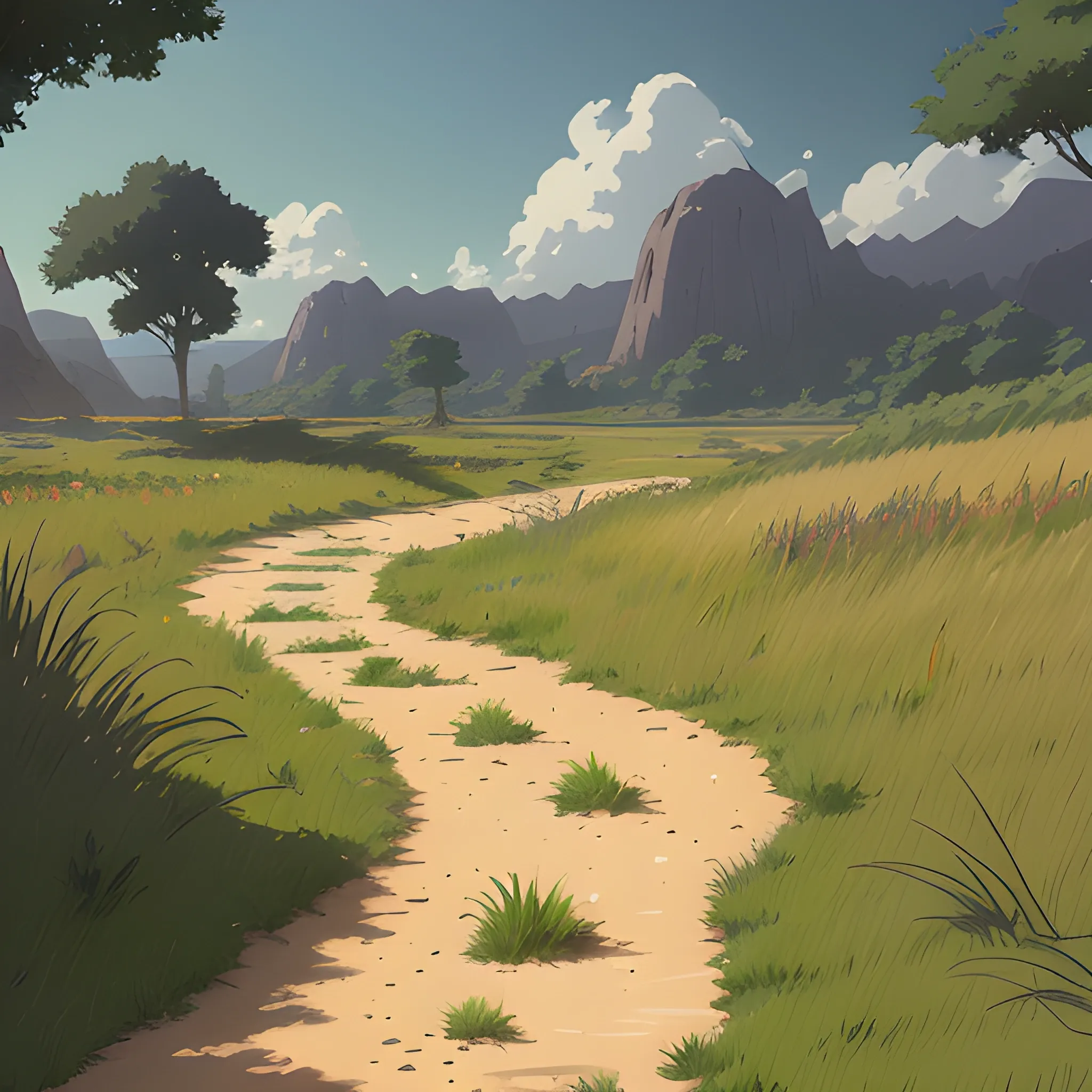 a dirt path with grasses... in the style of makoto shinkai and greg rutkowski and albert bierstadt and james gurney, Cartoon