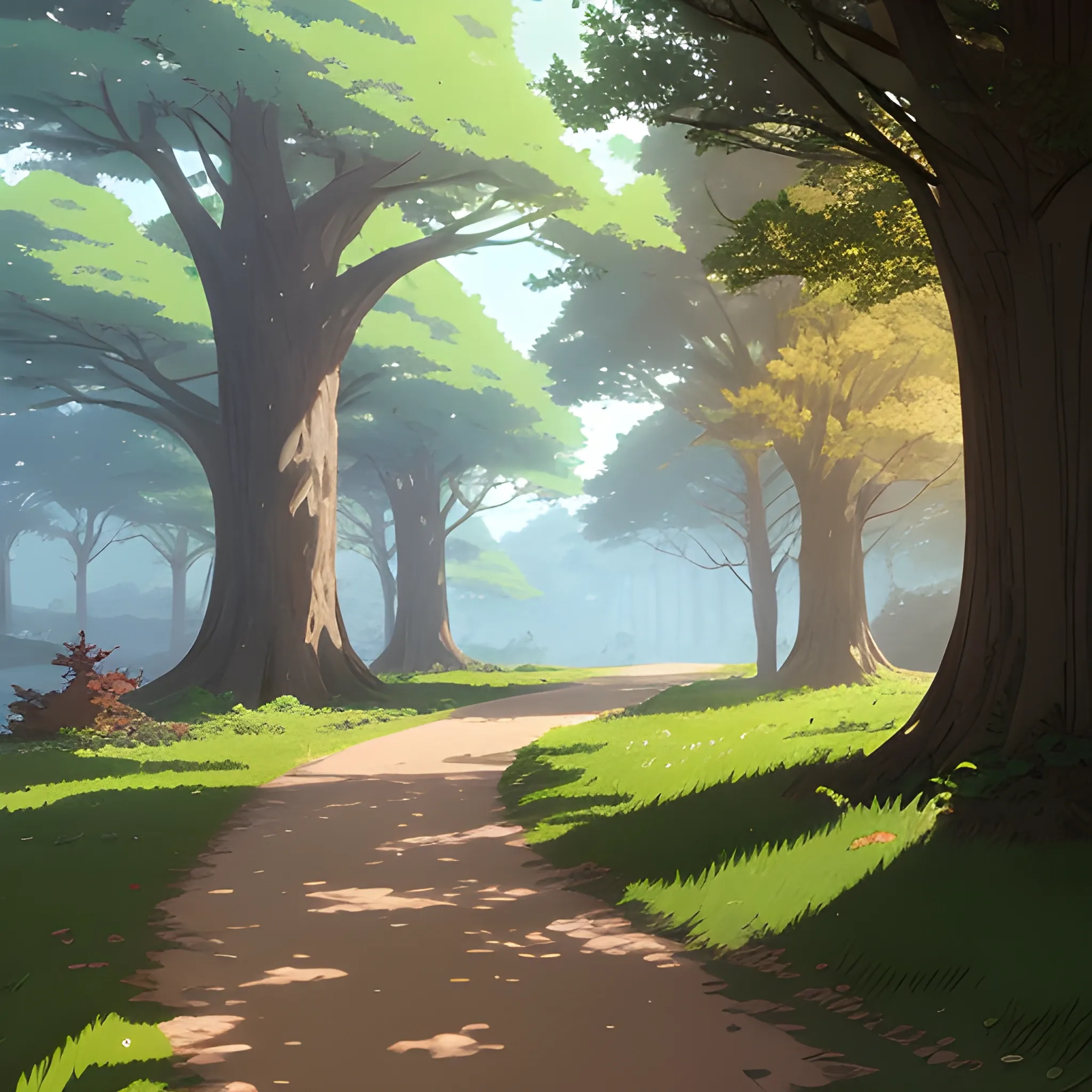 a path with trees... in the style of makoto shinkai and greg rutkowski and albert bierstadt and james gurney, Cartoon