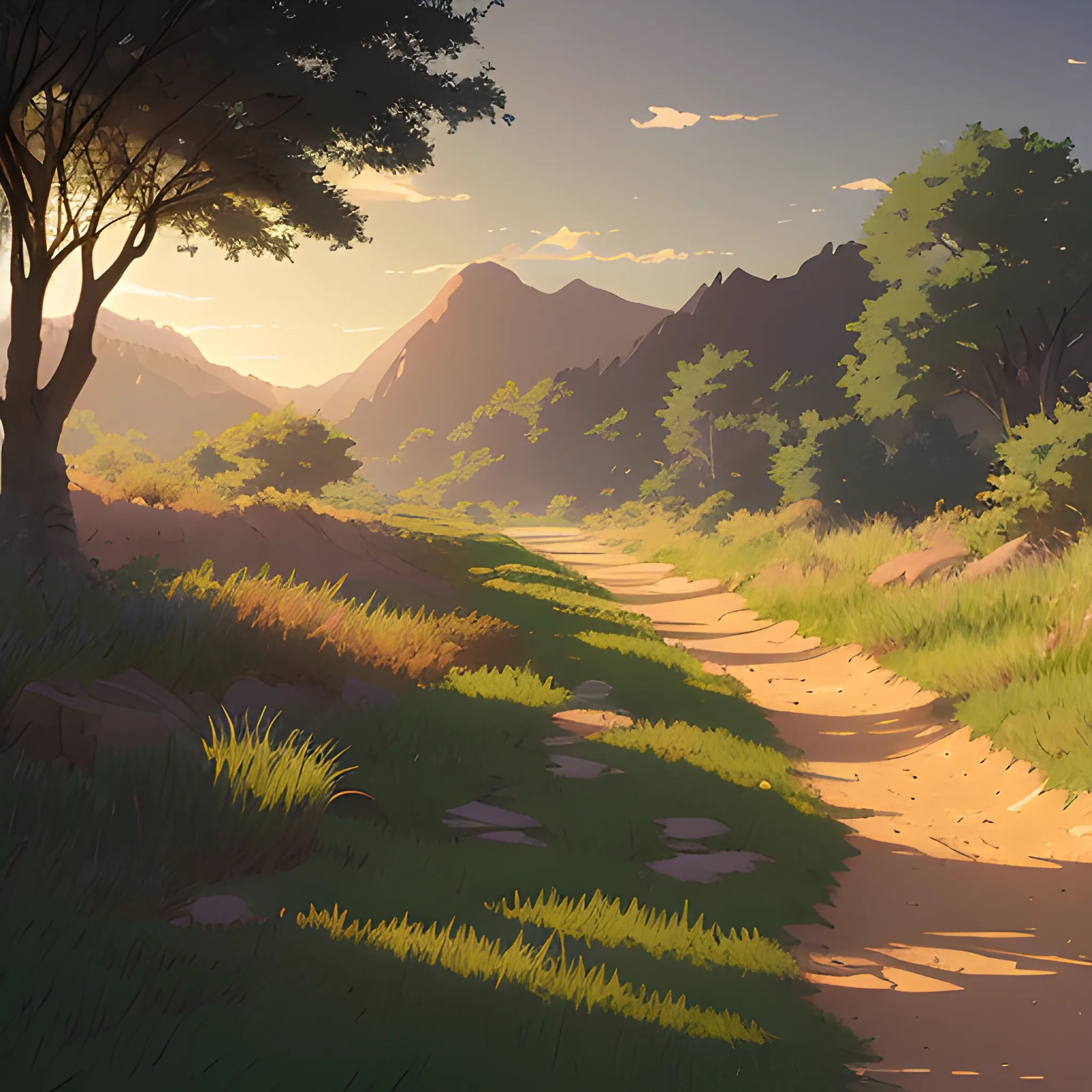 a dirt path with grasses... in the style of makoto shinkai and greg rutkowski and albert bierstadt and james gurney, Cartoon