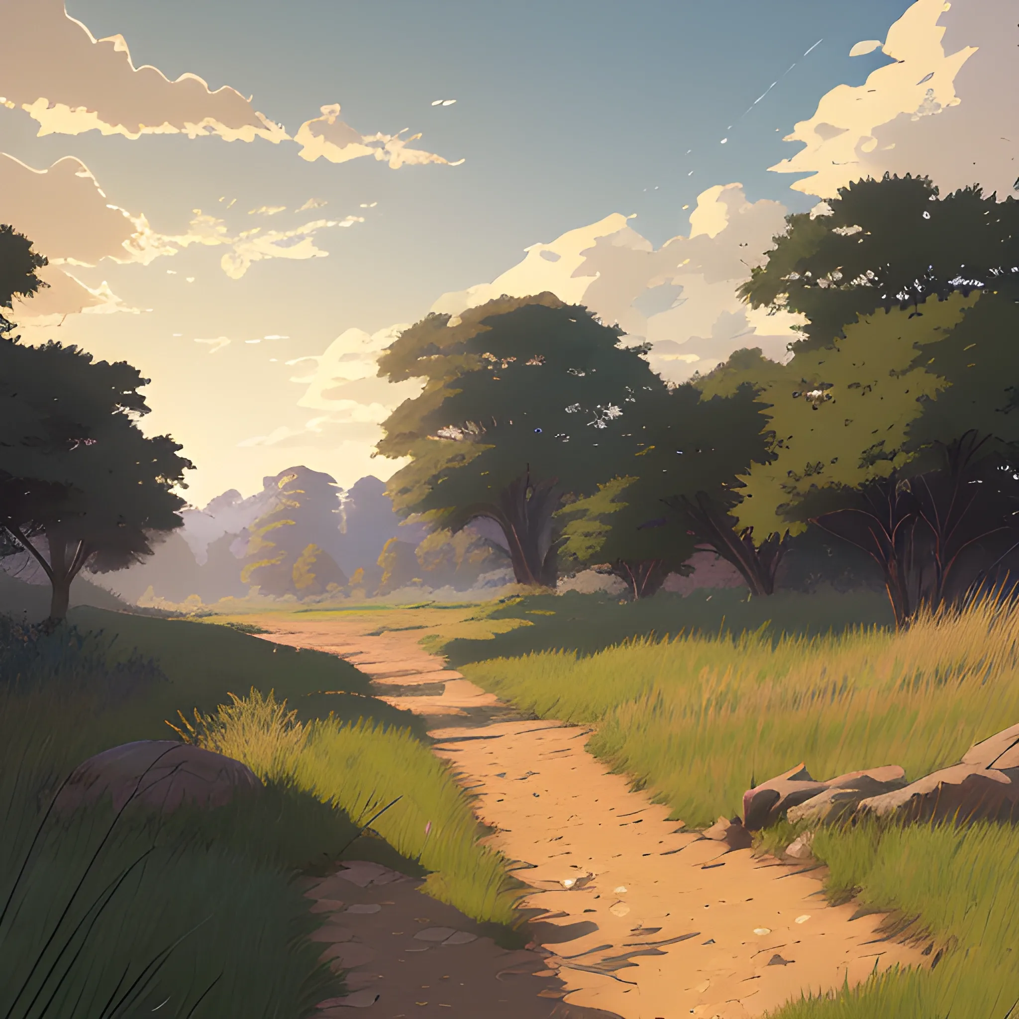 a dirt path with grasses... in the style of makoto shinkai and greg rutkowski and albert bierstadt and james gurney, Cartoon