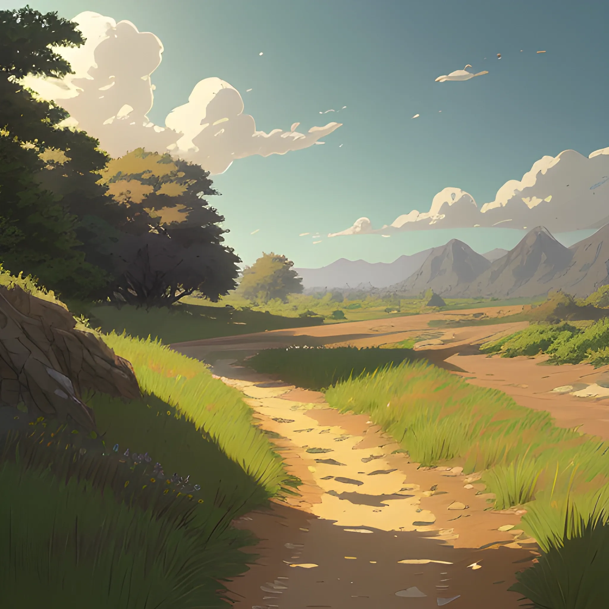 a dirt path with grasses... in the style of makoto shinkai and greg rutkowski and albert bierstadt and james gurney, Cartoon