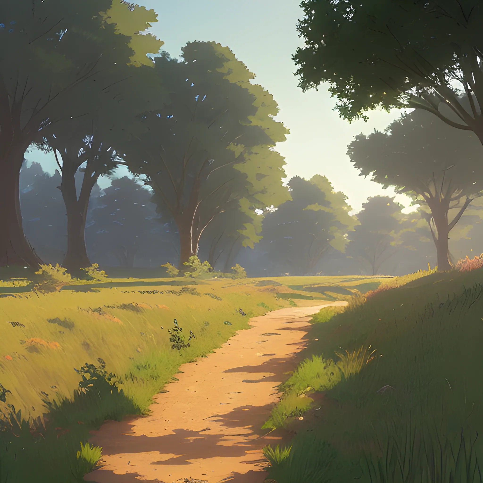 a dirt path with grasses... in the style of makoto shinkai and greg rutkowski and albert bierstadt and james gurney, Cartoon