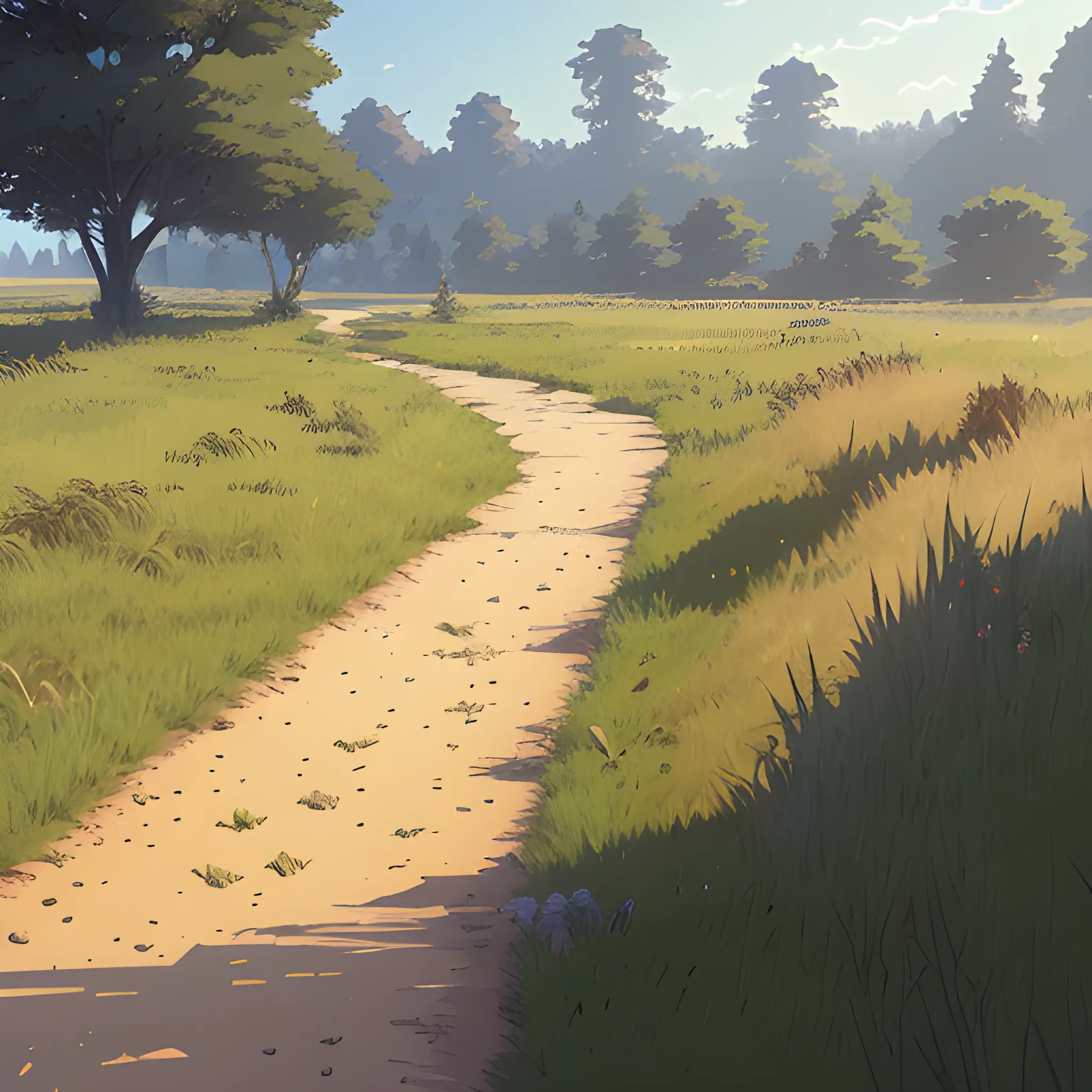 a dirt path with grasses... in the style of makoto shinkai and greg rutkowski and albert bierstadt and james gurney, Cartoon