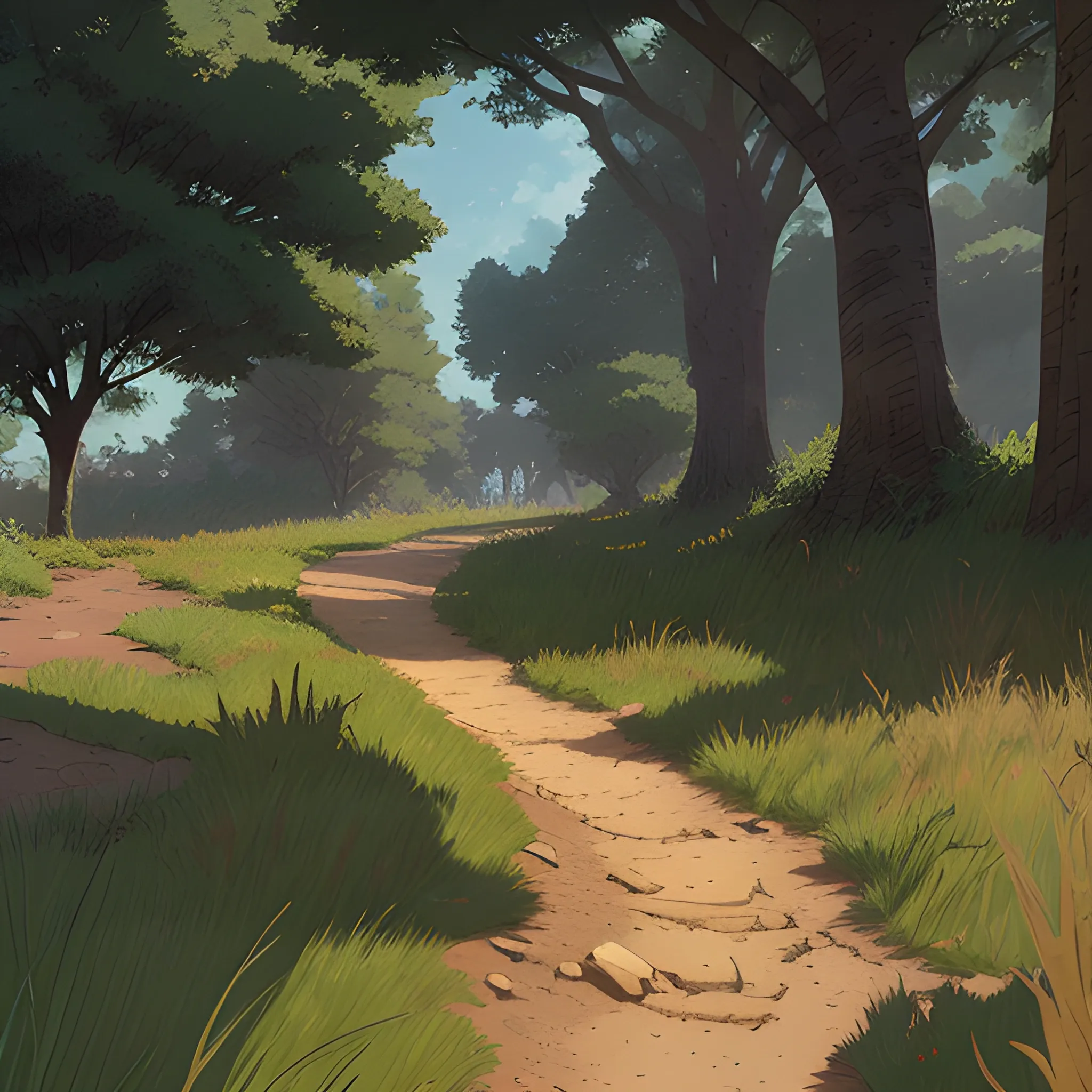 a dirt path with grasses... in the style of makoto shinkai and greg rutkowski and albert bierstadt and james gurney, Cartoon