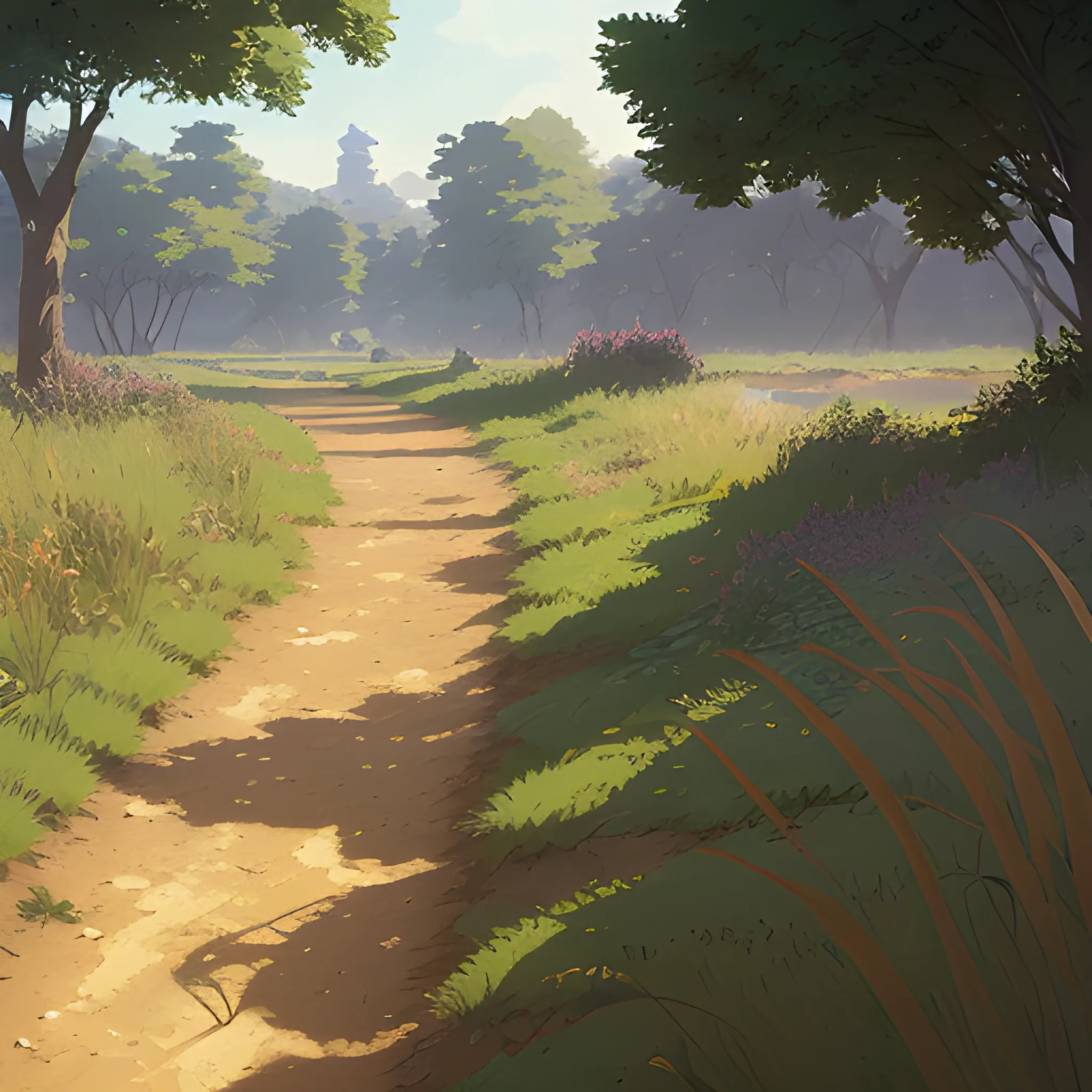 a dirt path with grasses and fooliage... in the style of makoto shinkai and greg rutkowski and albert bierstadt and james gurney, Cartoon