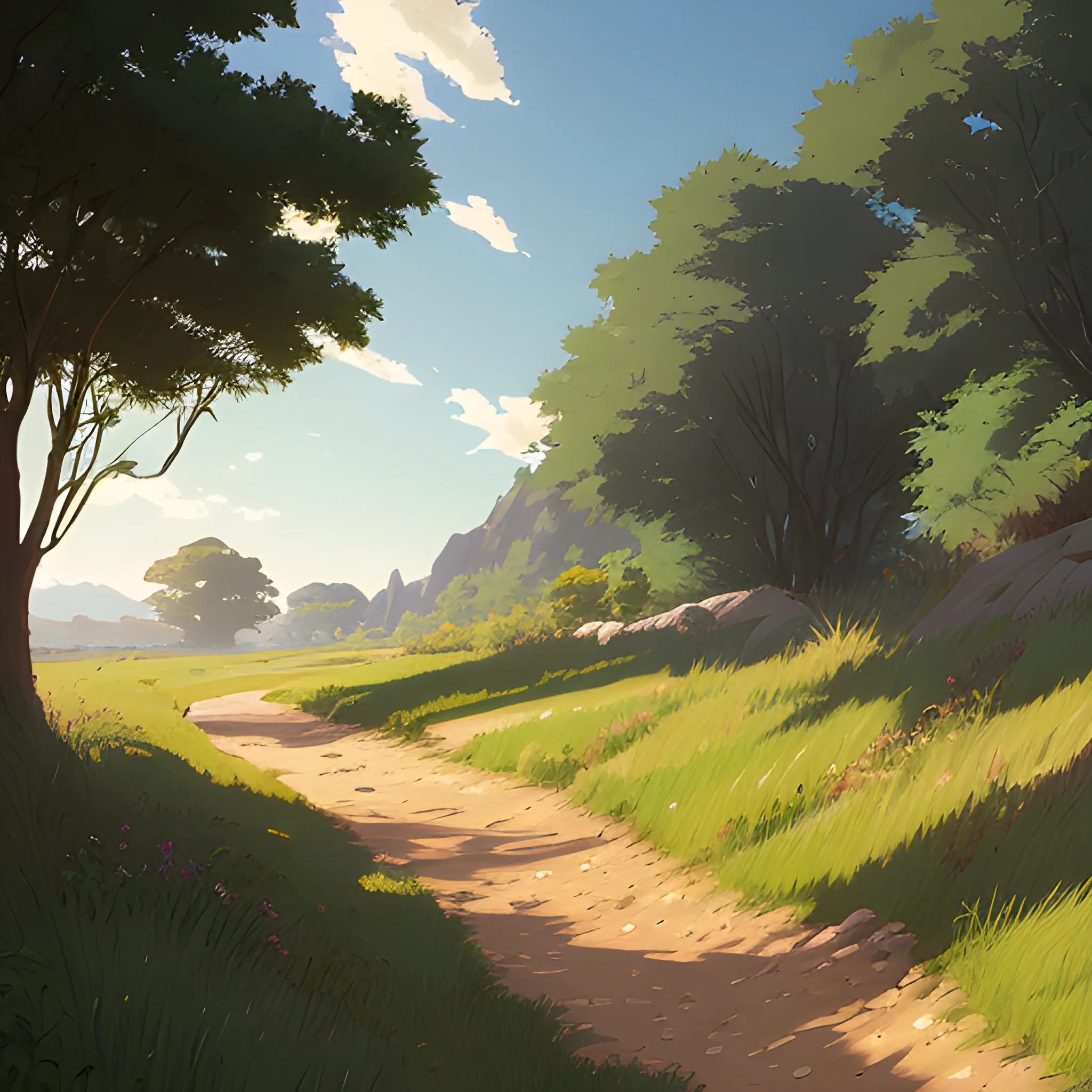 a dirt path with grasses and fooliage... in the style of makoto shinkai and greg rutkowski and albert bierstadt and james gurney, Cartoon