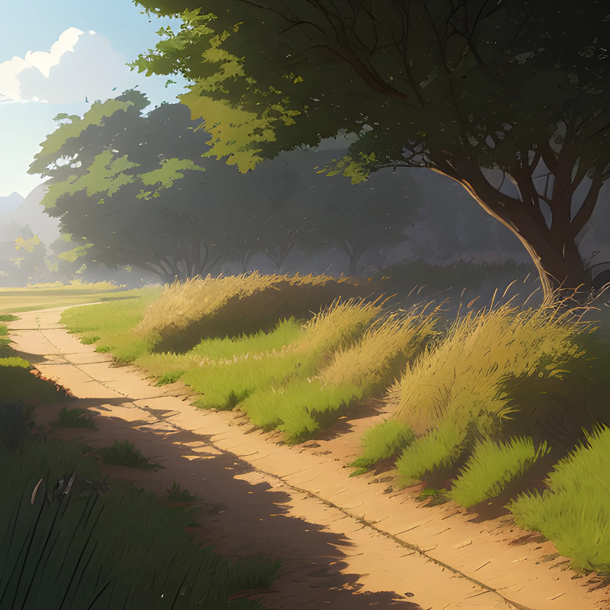 a dirt path with grasses and fooliage... in the style of makoto shinkai and greg rutkowski and albert bierstadt and james gurney, Cartoon