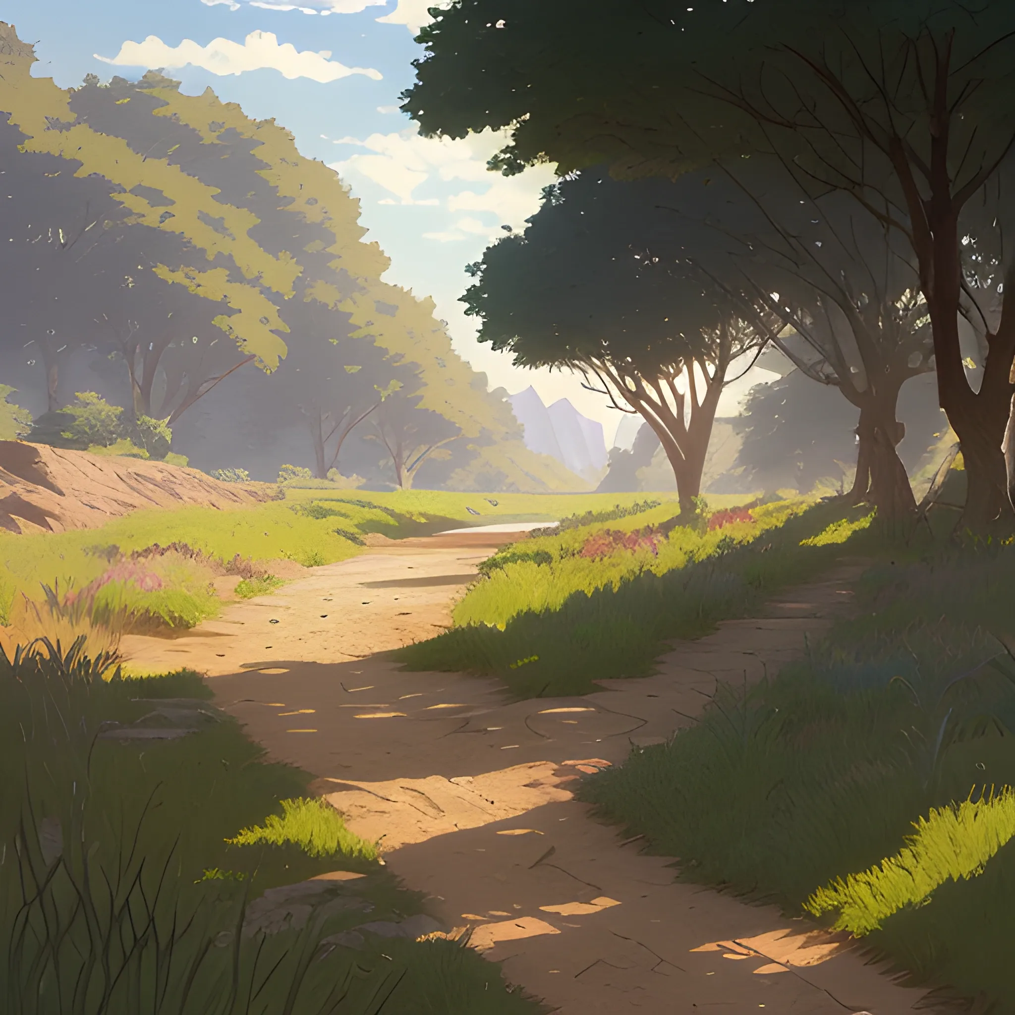 a dirt path with grasses and fooliage... in the style of makoto shinkai and greg rutkowski and albert bierstadt and james gurney, Cartoon