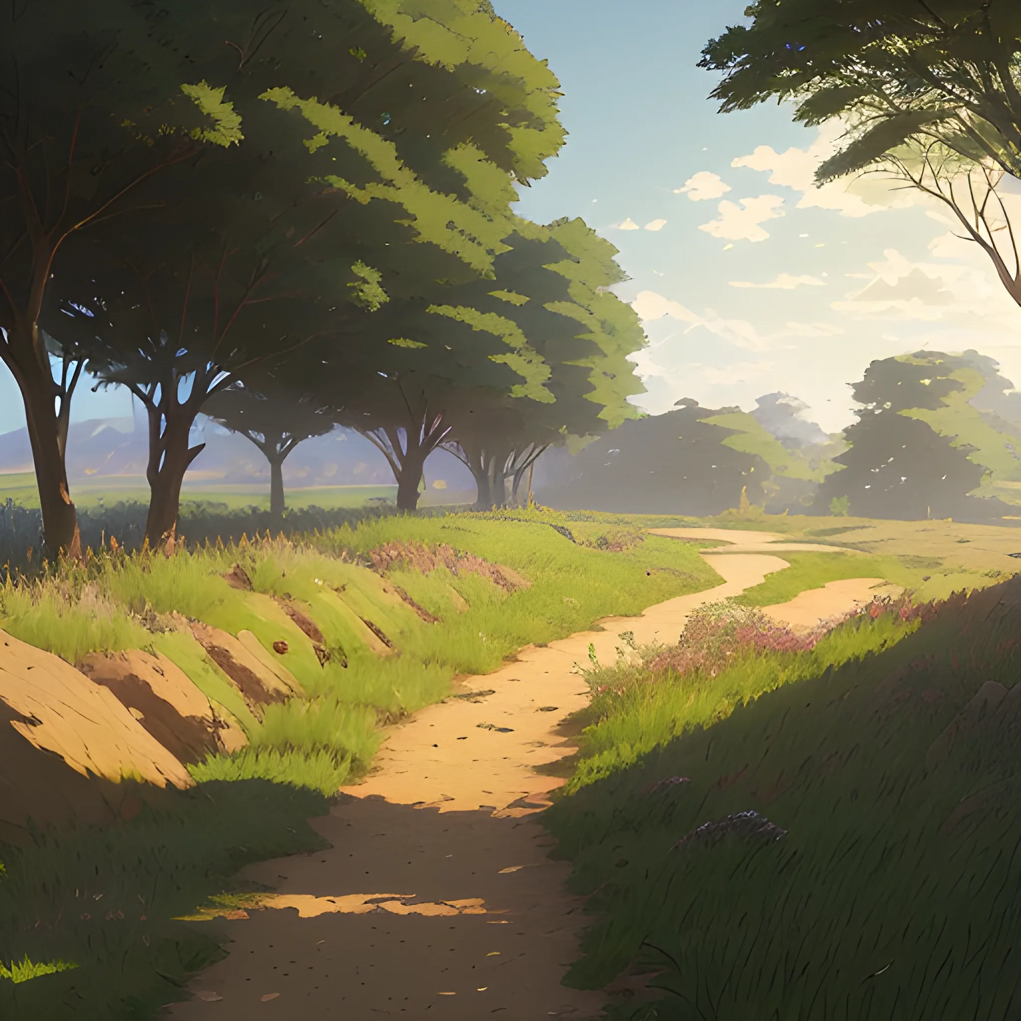 a dirt path with grasses and fooliage... in the style of makoto shinkai and greg rutkowski and albert bierstadt and james gurney, Cartoon