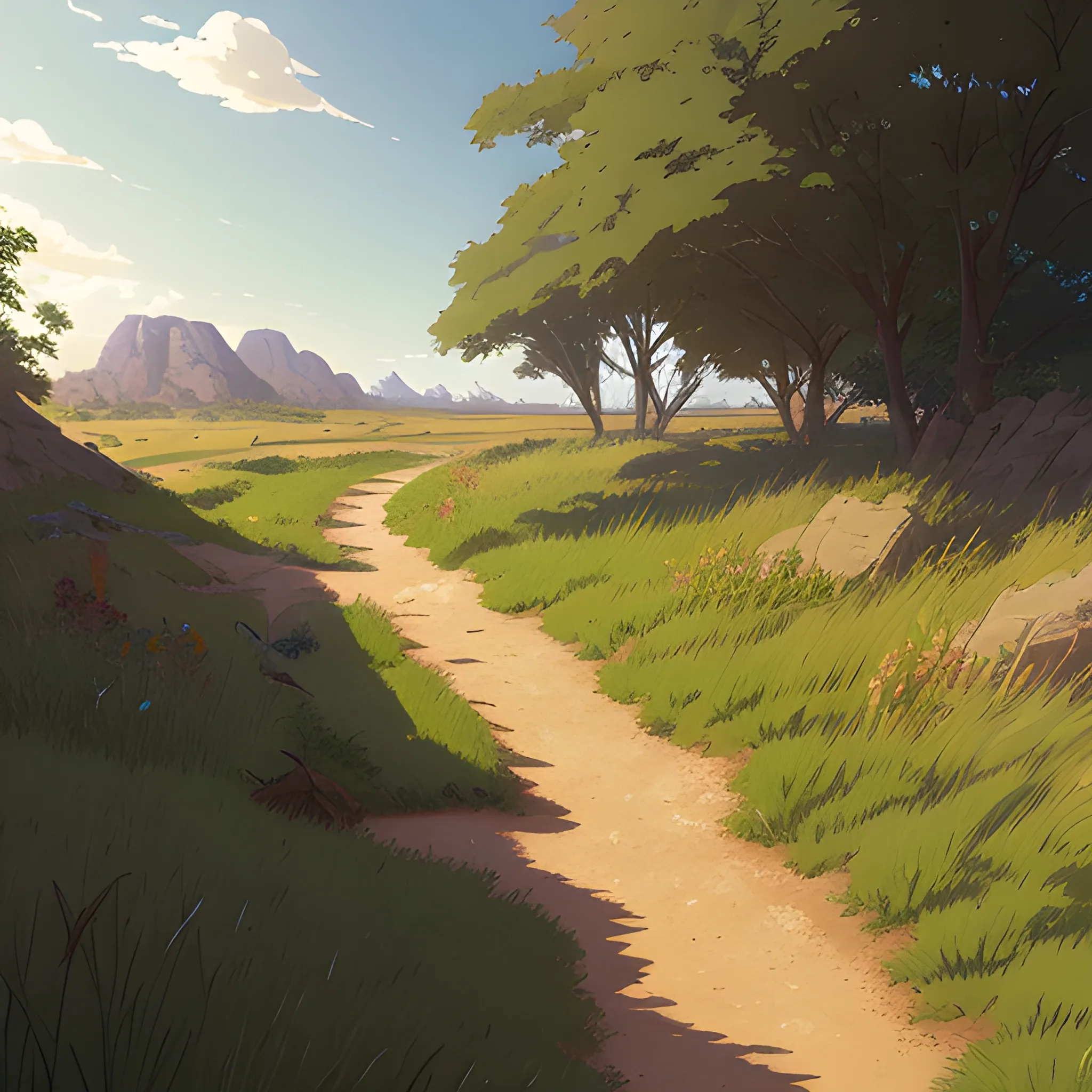 a dirt path with grasses and fooliage... in the style of makoto shinkai and greg rutkowski and albert bierstadt and james gurney, Cartoon