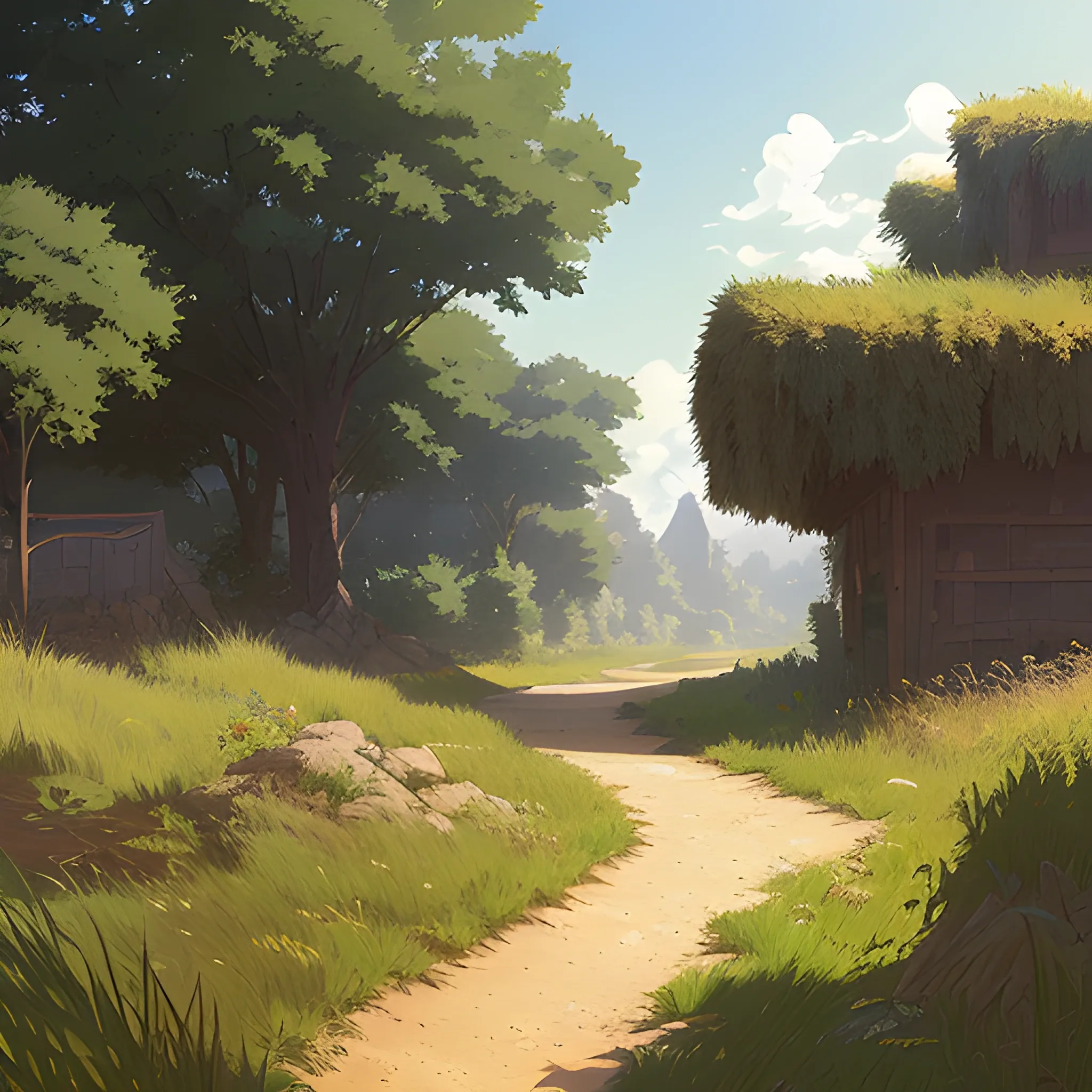 a dirt path with grasses and fooliage... in the style of makoto shinkai and greg rutkowski and albert bierstadt and james gurney, Cartoon