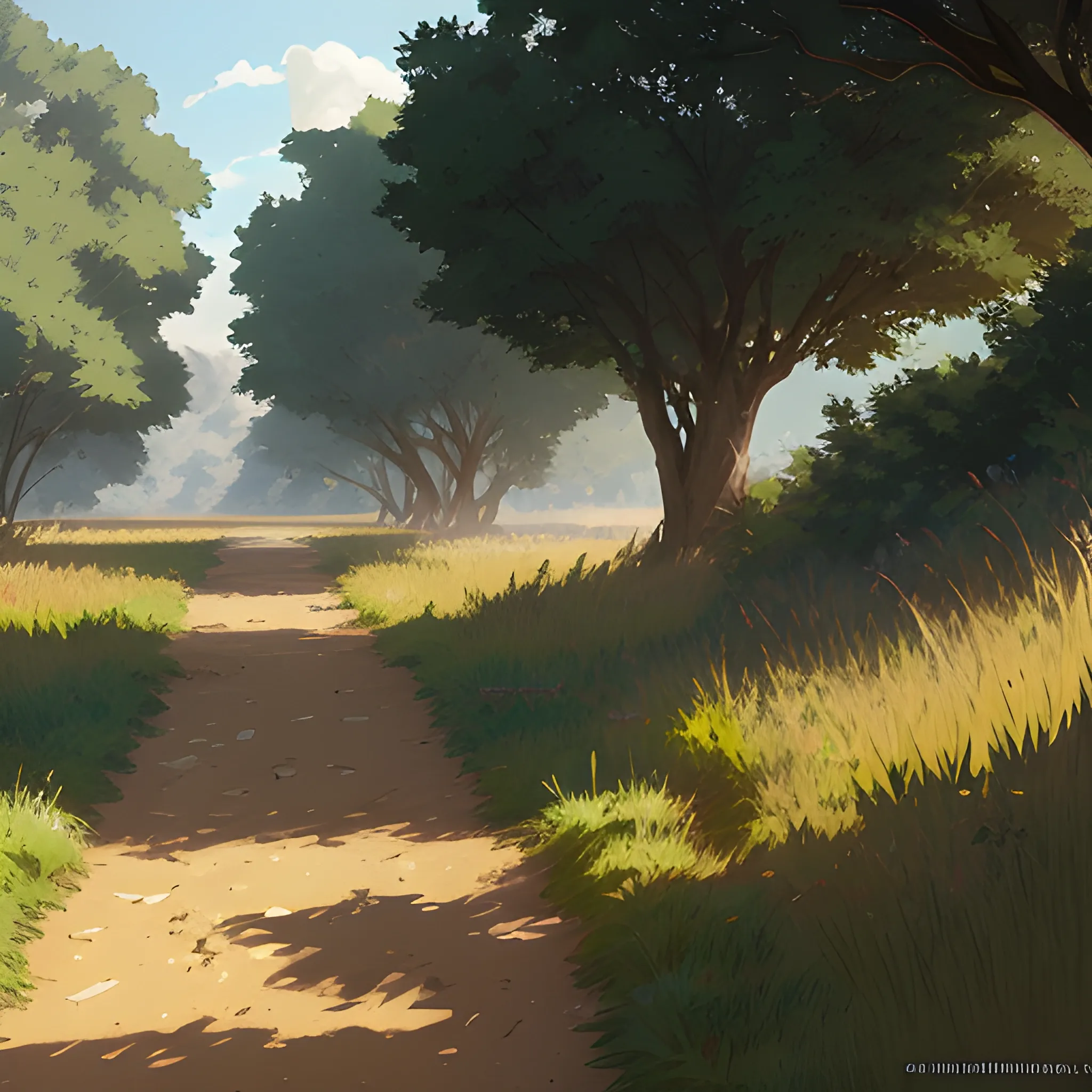 a dirt path with grasses and fooliage... in the style of makoto shinkai and greg rutkowski and albert bierstadt and james gurney, Cartoon