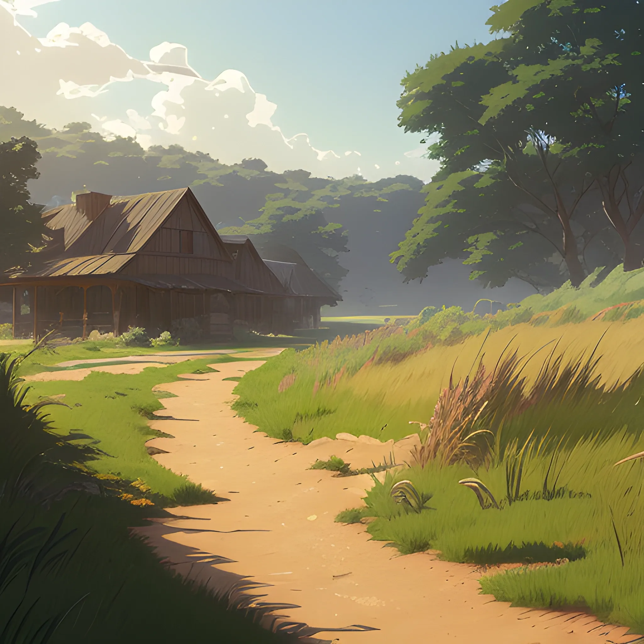 a dirt path with grasses and fooliage... in the style of makoto shinkai and greg rutkowski and albert bierstadt and james gurney, Cartoon