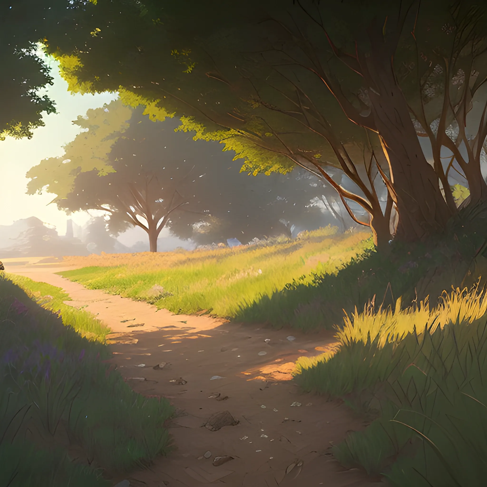 a dirt path with grasses and fooliage... in the style of makoto shinkai and greg rutkowski and albert bierstadt and james gurney, Cartoon