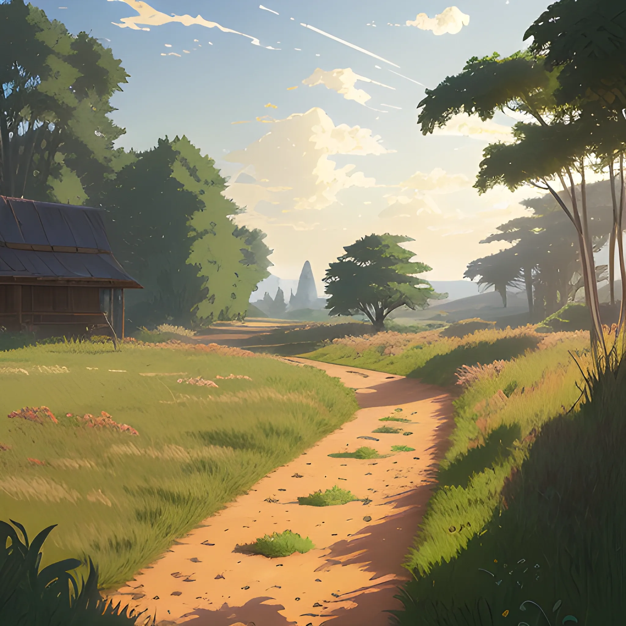 a dirt path with grasses and fooliage... in the style of makoto shinkai and greg rutkowski and albert bierstadt and james gurney, Cartoon