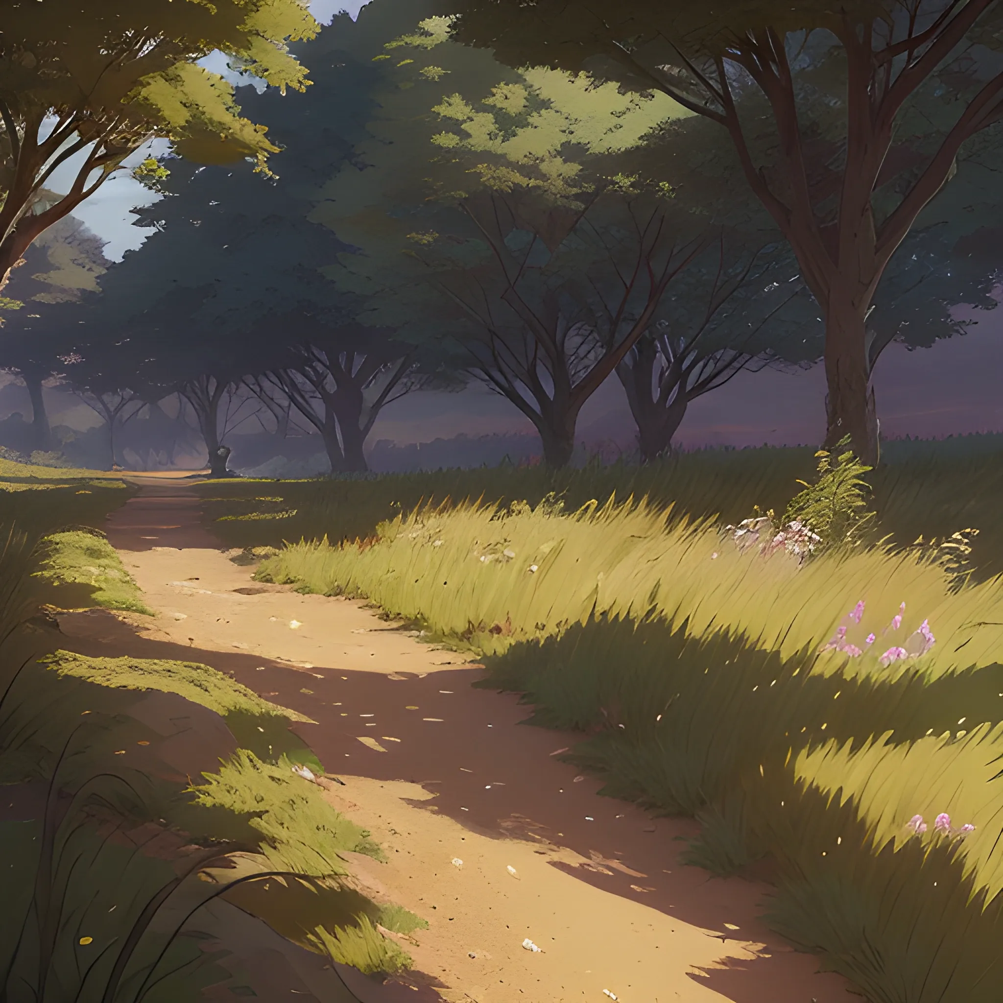 a dirt path with grasses and fooliage... in the style of makoto shinkai and greg rutkowski and albert bierstadt and james gurney, Cartoon