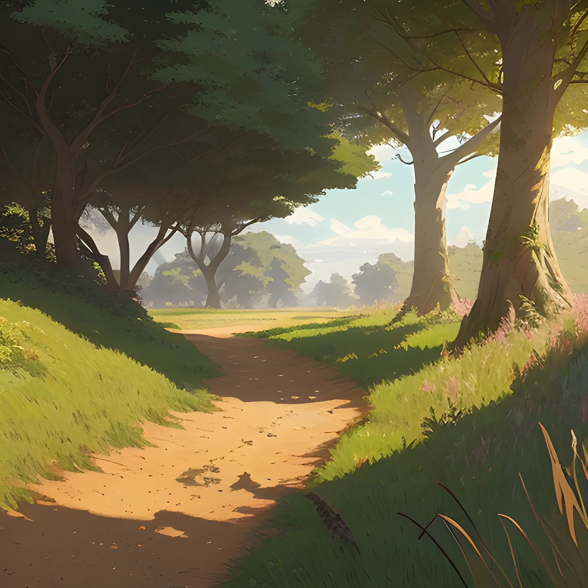 a dirt path with grasses and fooliage... in the style of makoto shinkai and greg rutkowski and albert bierstadt and james gurney, Cartoon