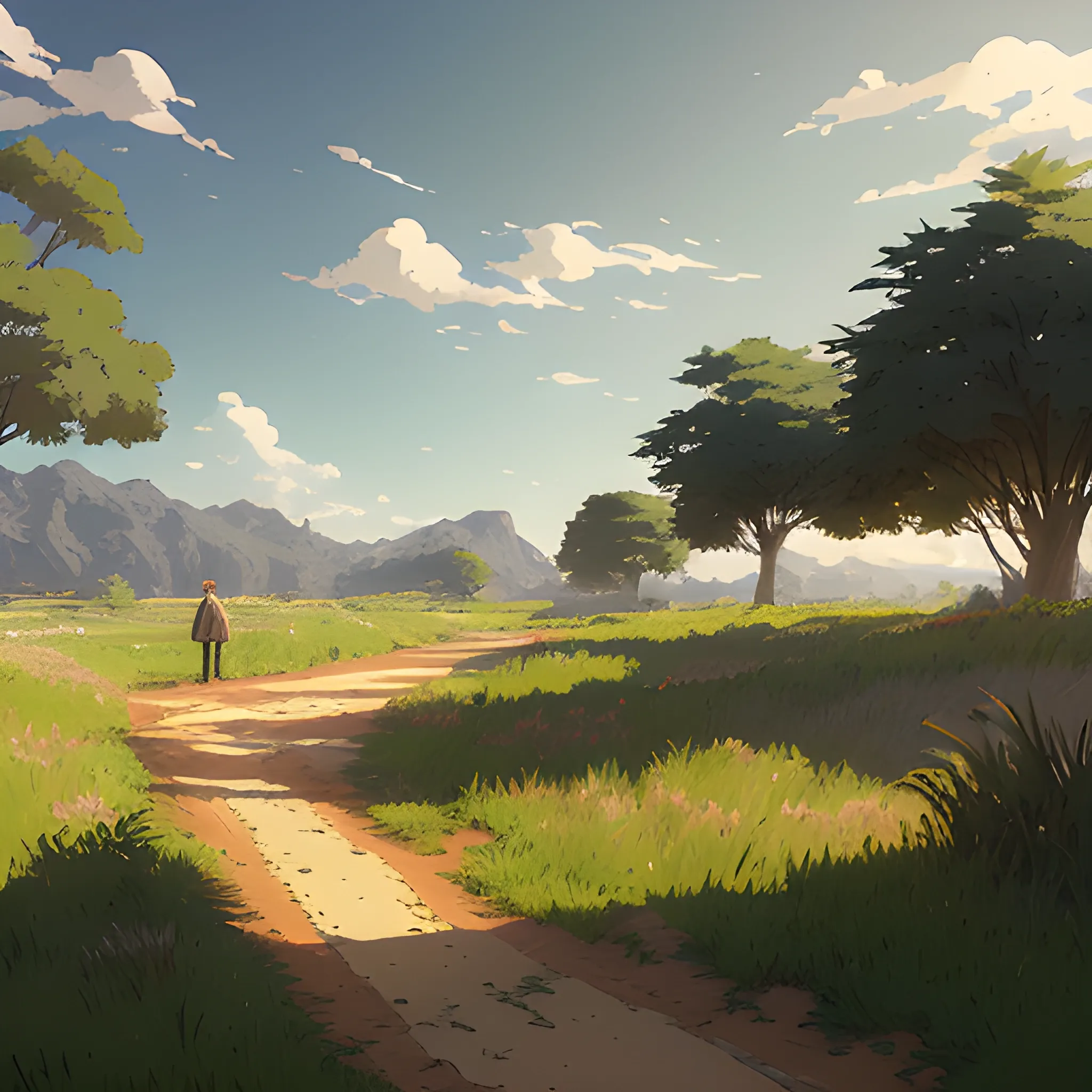 a dirt path with grasses and fooliage... in the style of makoto shinkai and greg rutkowski and albert bierstadt and james gurney, Cartoon