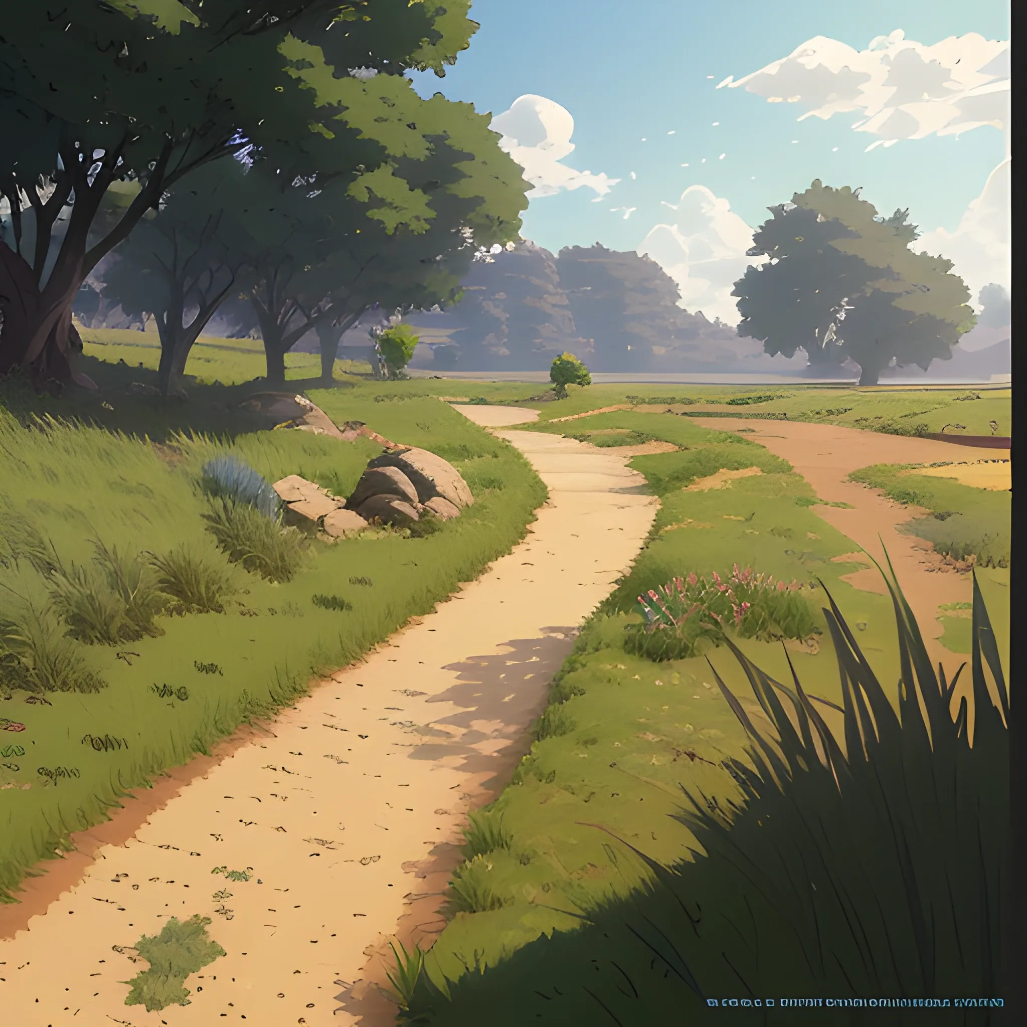 a dirt path with grasses and fooliage... in the style of makoto shinkai and greg rutkowski and albert bierstadt and james gurney, Cartoon