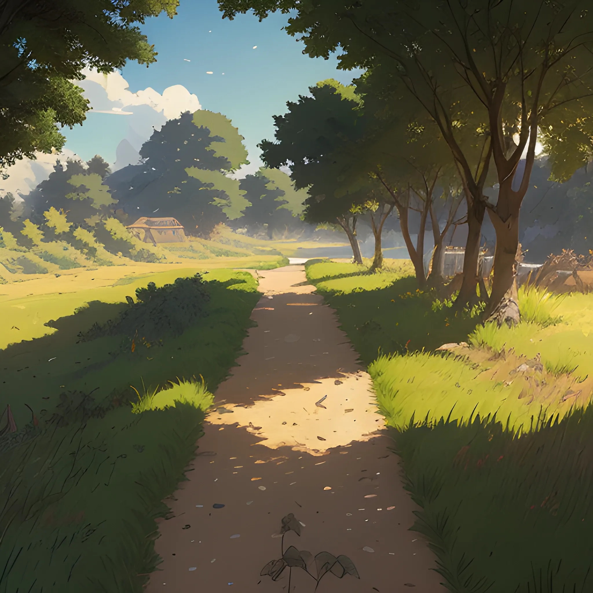 a dirt path with grasses and fooliage... in the style of makoto shinkai and greg rutkowski and albert bierstadt and james gurney, Cartoon