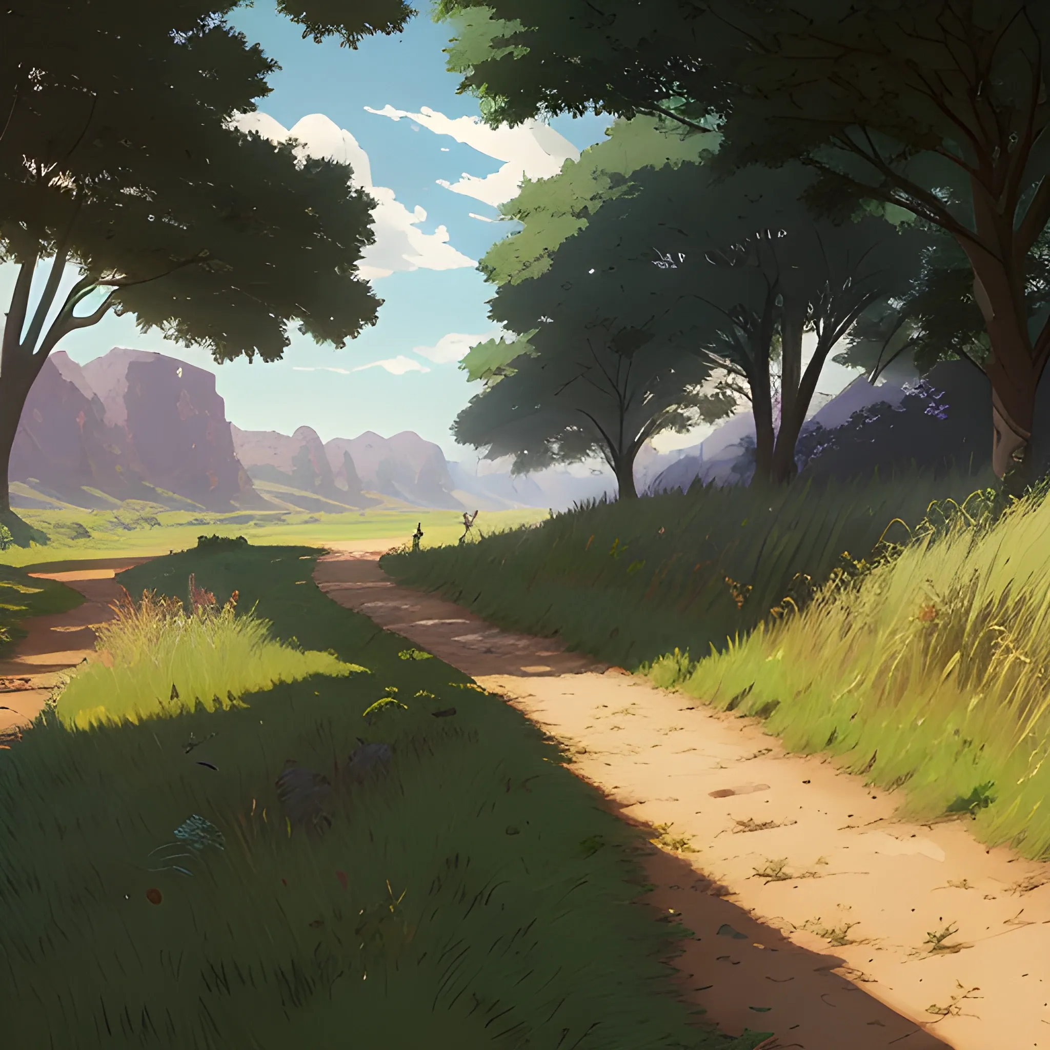 a dirt path with grasses and fooliage... in the style of makoto shinkai and greg rutkowski and albert bierstadt and james gurney, Cartoon