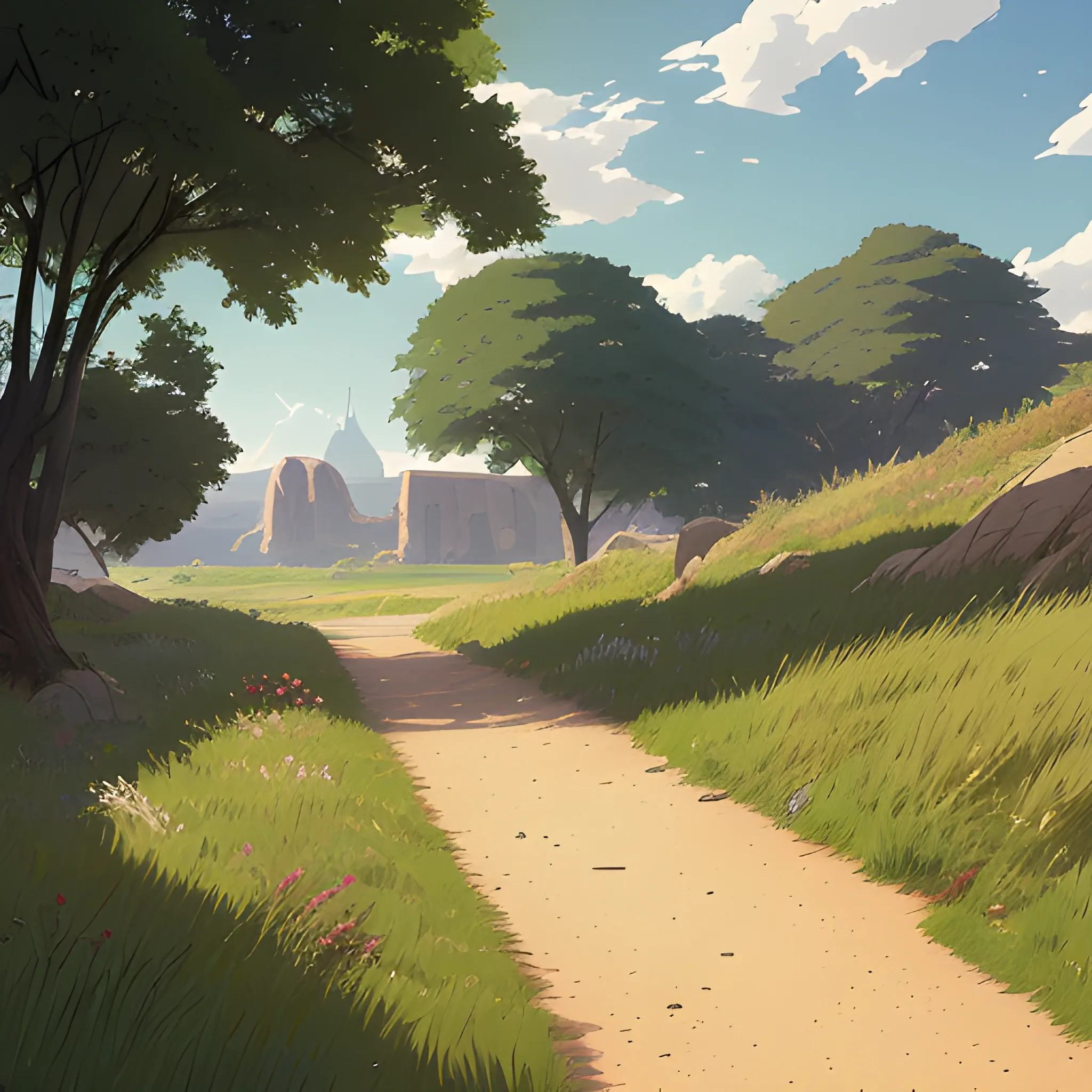 a dirt path with grasses and fooliage... in the style of makoto shinkai and greg rutkowski and albert bierstadt and james gurney, Cartoon