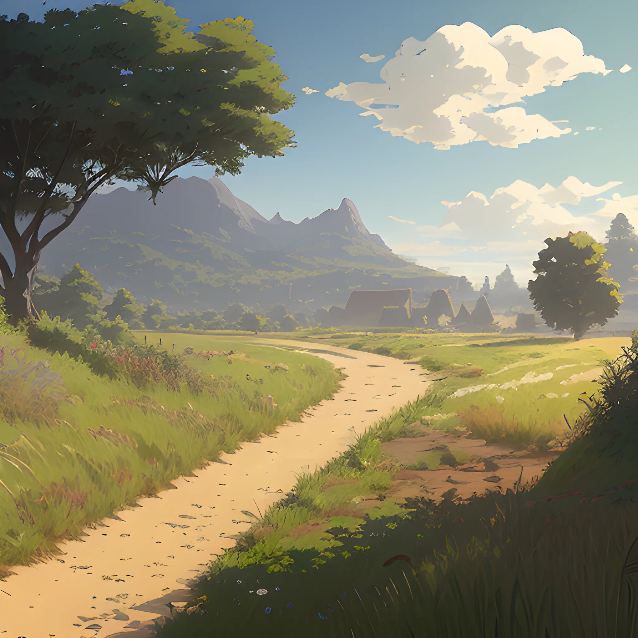 a dirt path with grasses and fooliage... in the style of makoto shinkai and greg rutkowski and albert bierstadt and james gurney, Cartoon